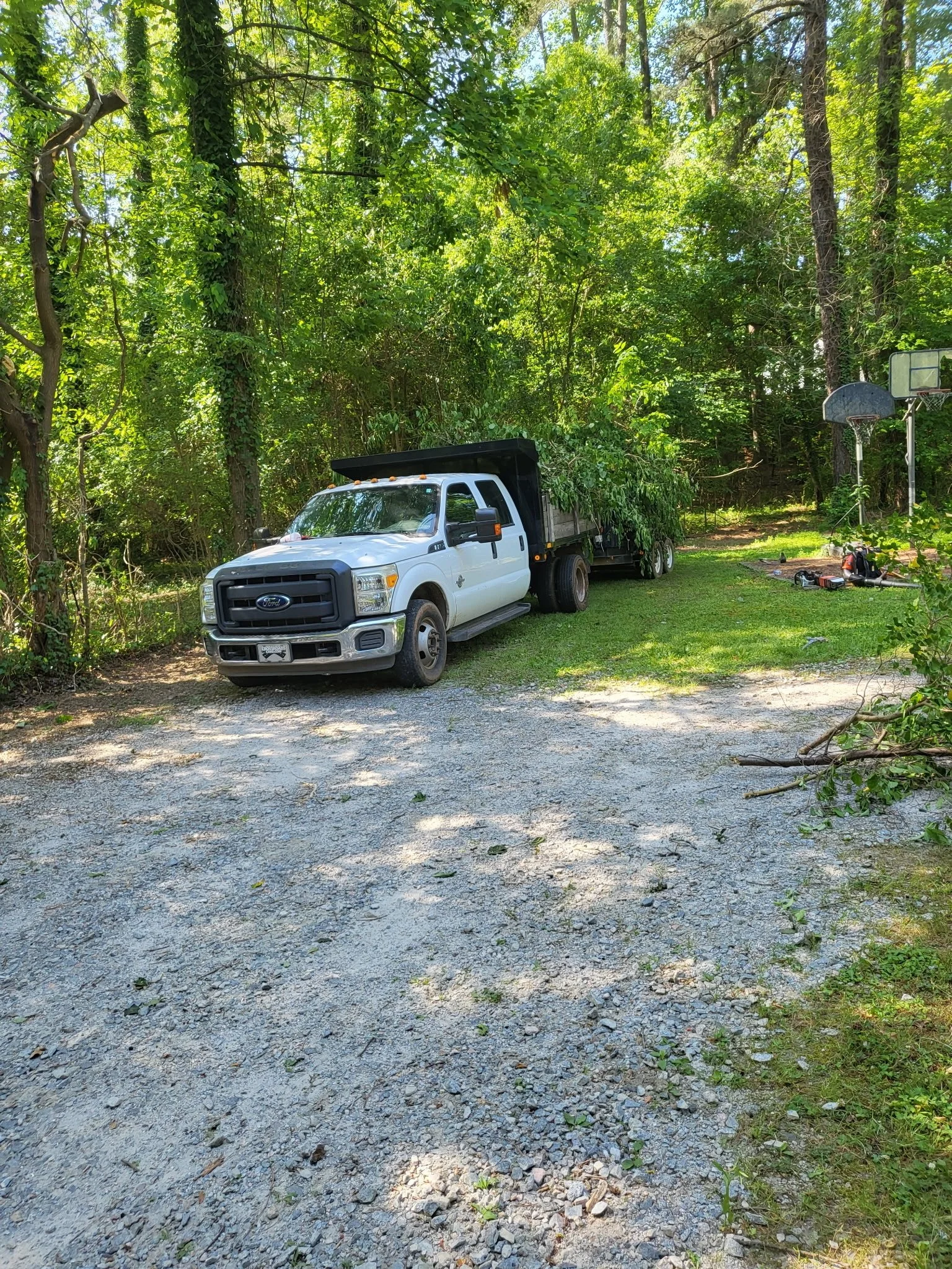A white Ford truck parked on a gravel driveway in a wooded area with two basketball hoops on the right and some tools on the ground.