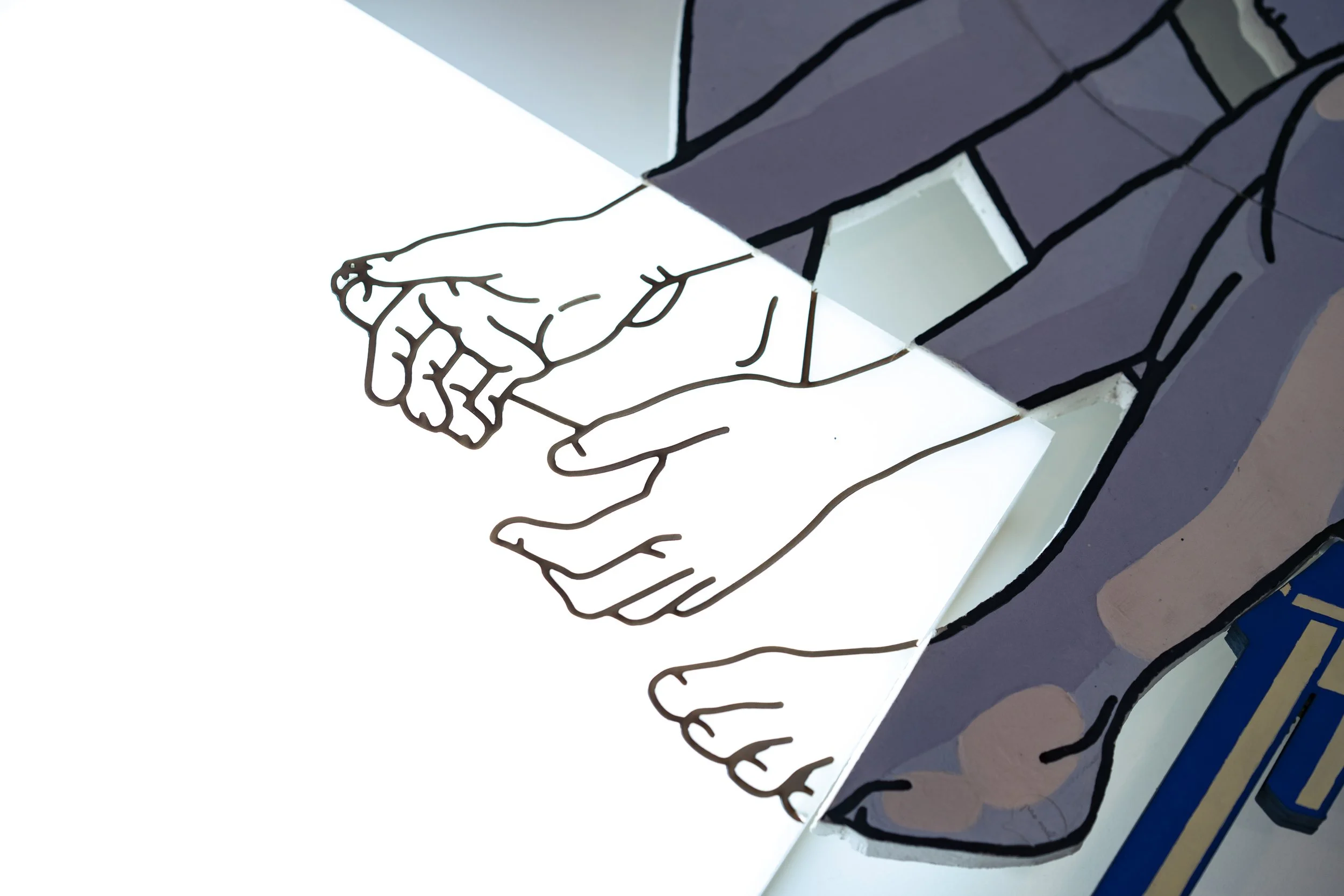 Illustration of two hands shaking, with outlined black lines and a geometric background.