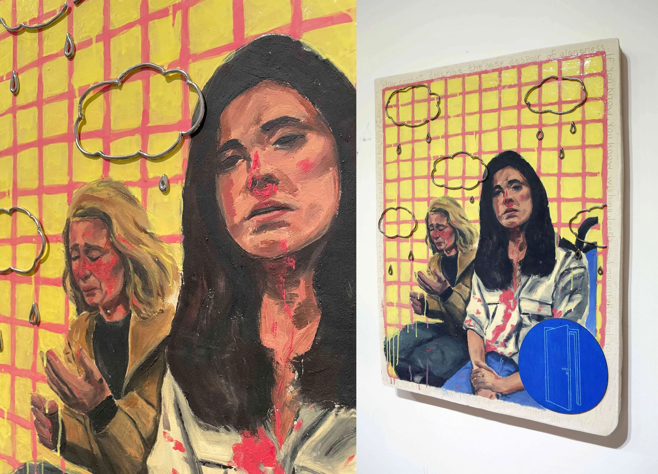 A mixed media artwork featuring painted portraits of three women on a yellow background with a pink grid pattern. Metal cloud-shaped hooks with teardrop-shaped accents are attached over the artworks, with some hooks holding painted drops. The artwork