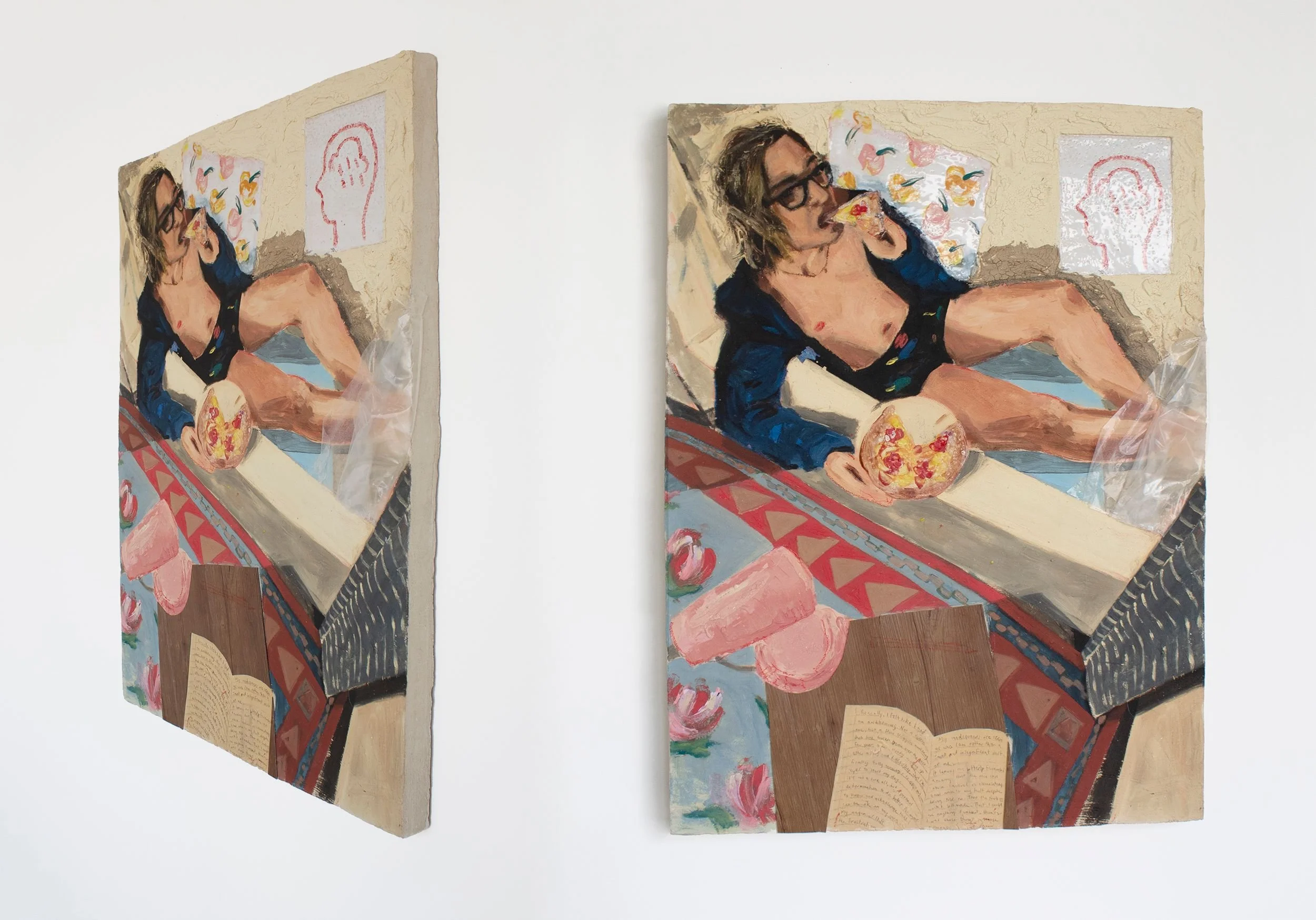 Mixed media artwork consisting of two painted panels. The left panel depicts a woman with glasses and short hair, wearing a dark top, in a relaxed pose with her arm resting behind her head, against a patterned floor and patterned background with draw