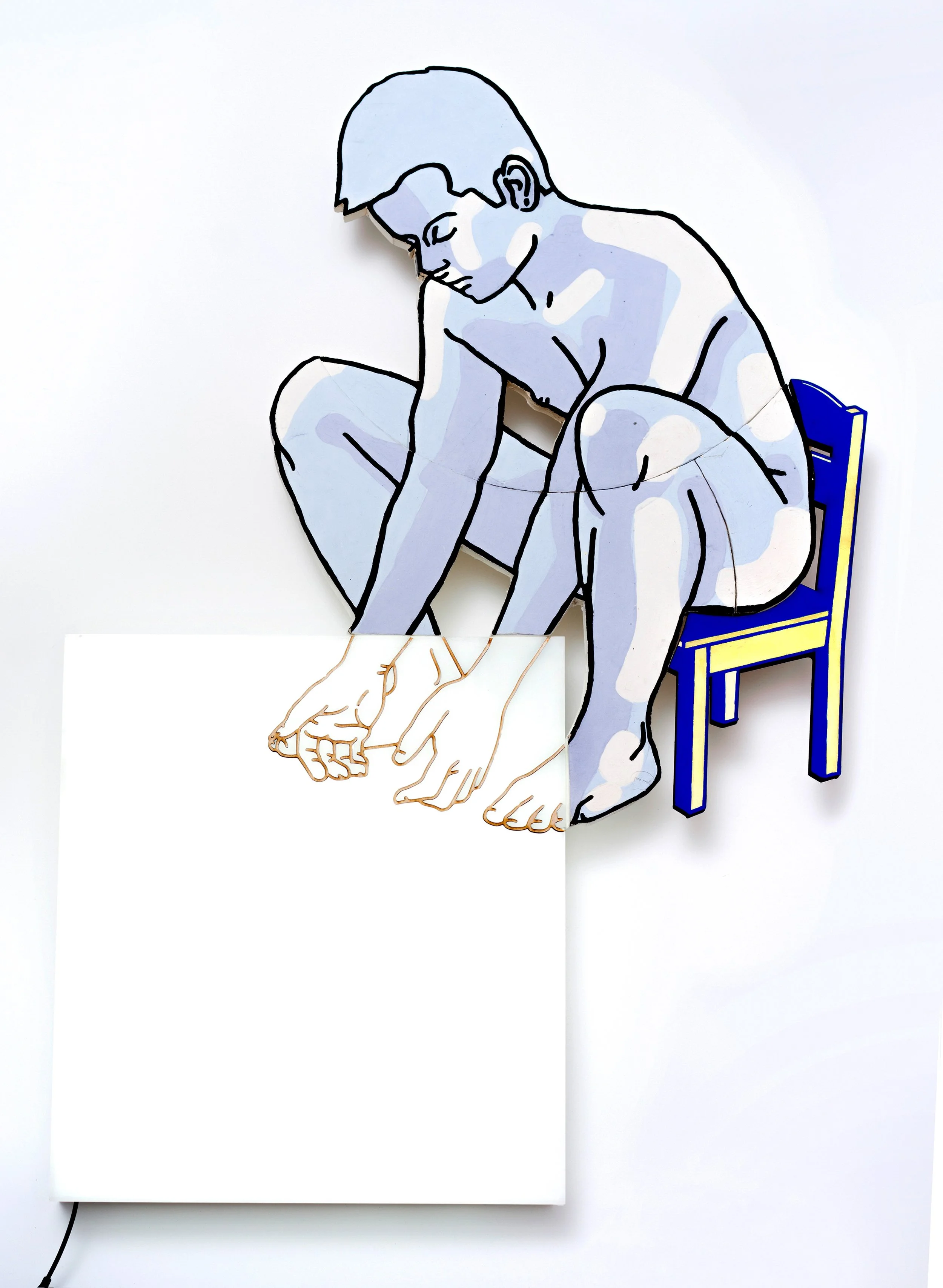 Paper cutout of a boy with glasses sitting on a blue chair with his legs bent and his hands on the floor, drawn in a minimalist, outline style with shades of gray and black.