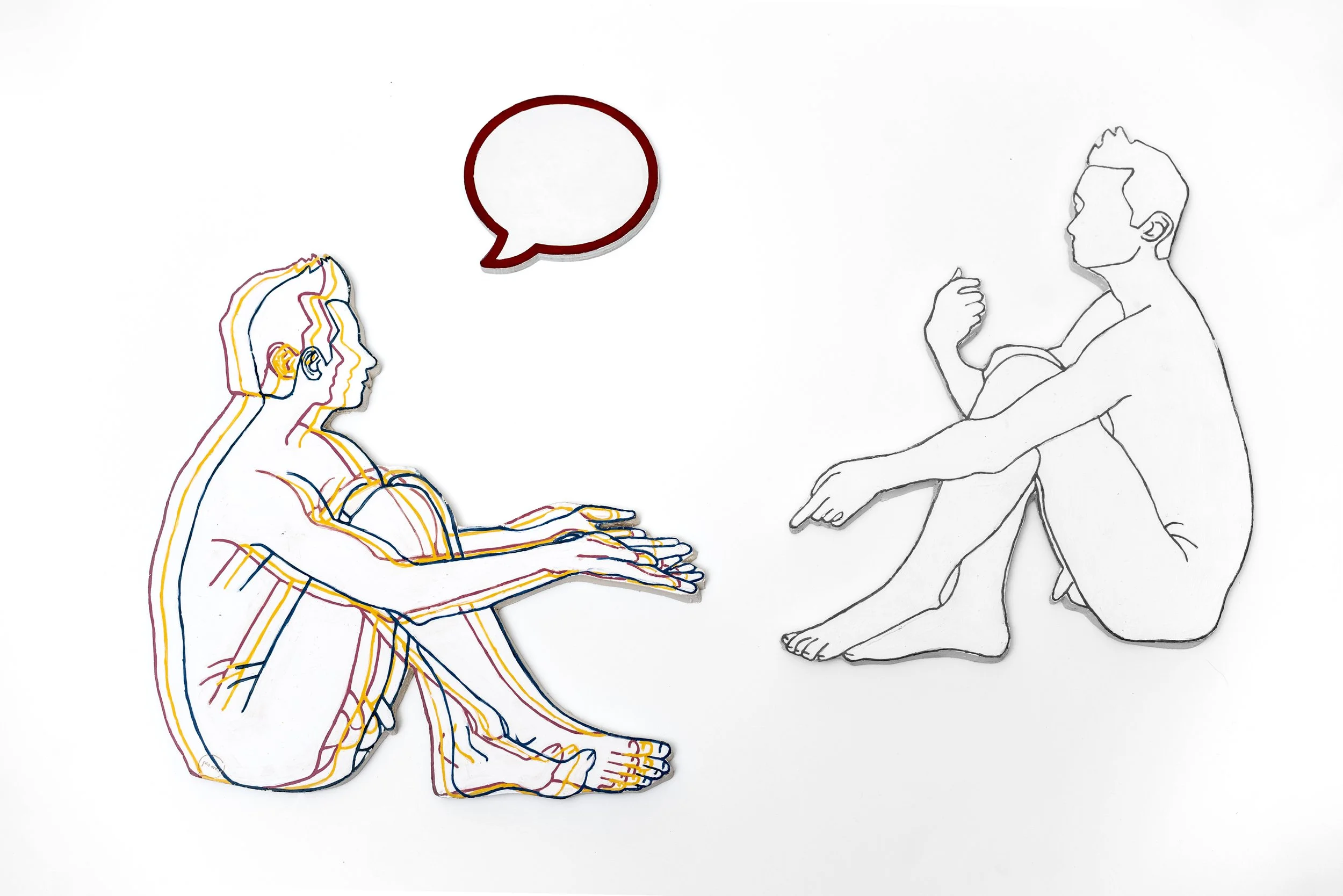 An illustration of two children sitting across from each other, with one depicted in multiple colorful outline layers and the other in a simple black and white line drawing. The child with colorful outlines has their hands resting on their knees and 