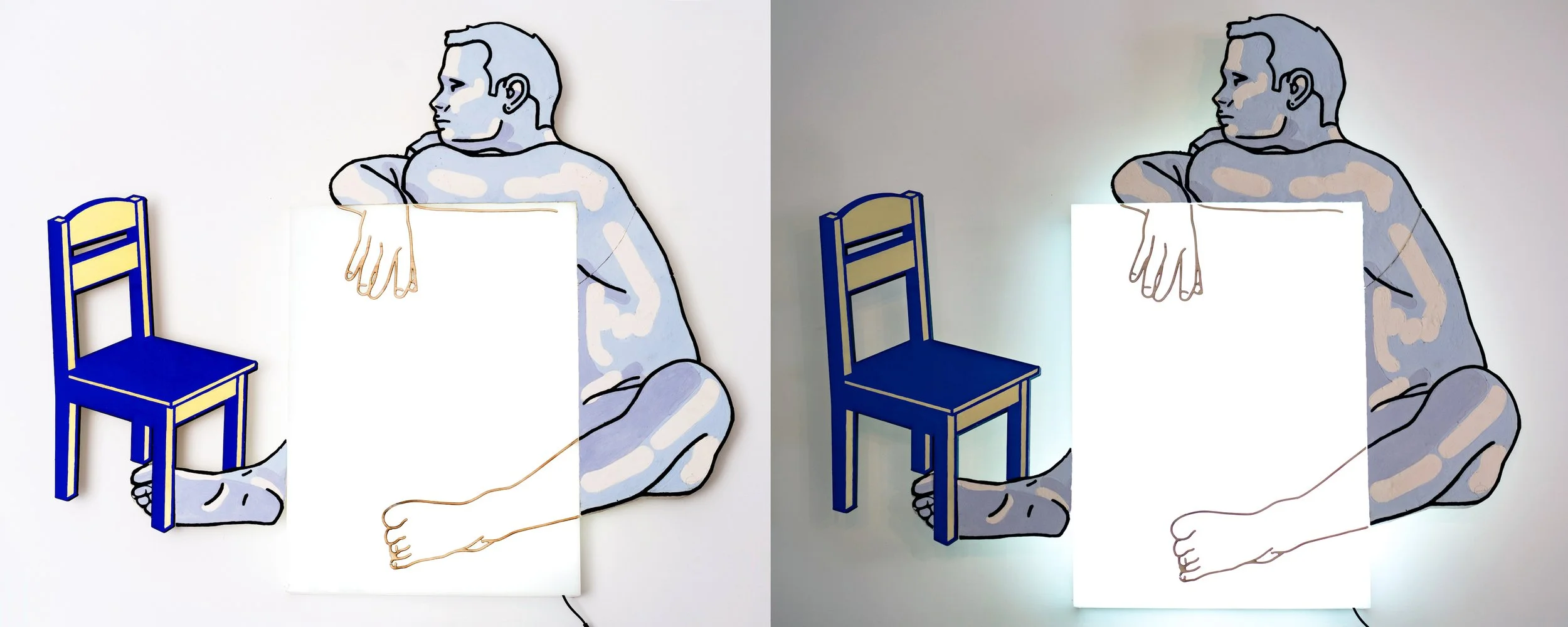 An art piece depicting a person with grayish skin with cloudy patterns, sitting on the floor and resting their arms and head on a white surface. There are two blue chairs, one on each side of the person.