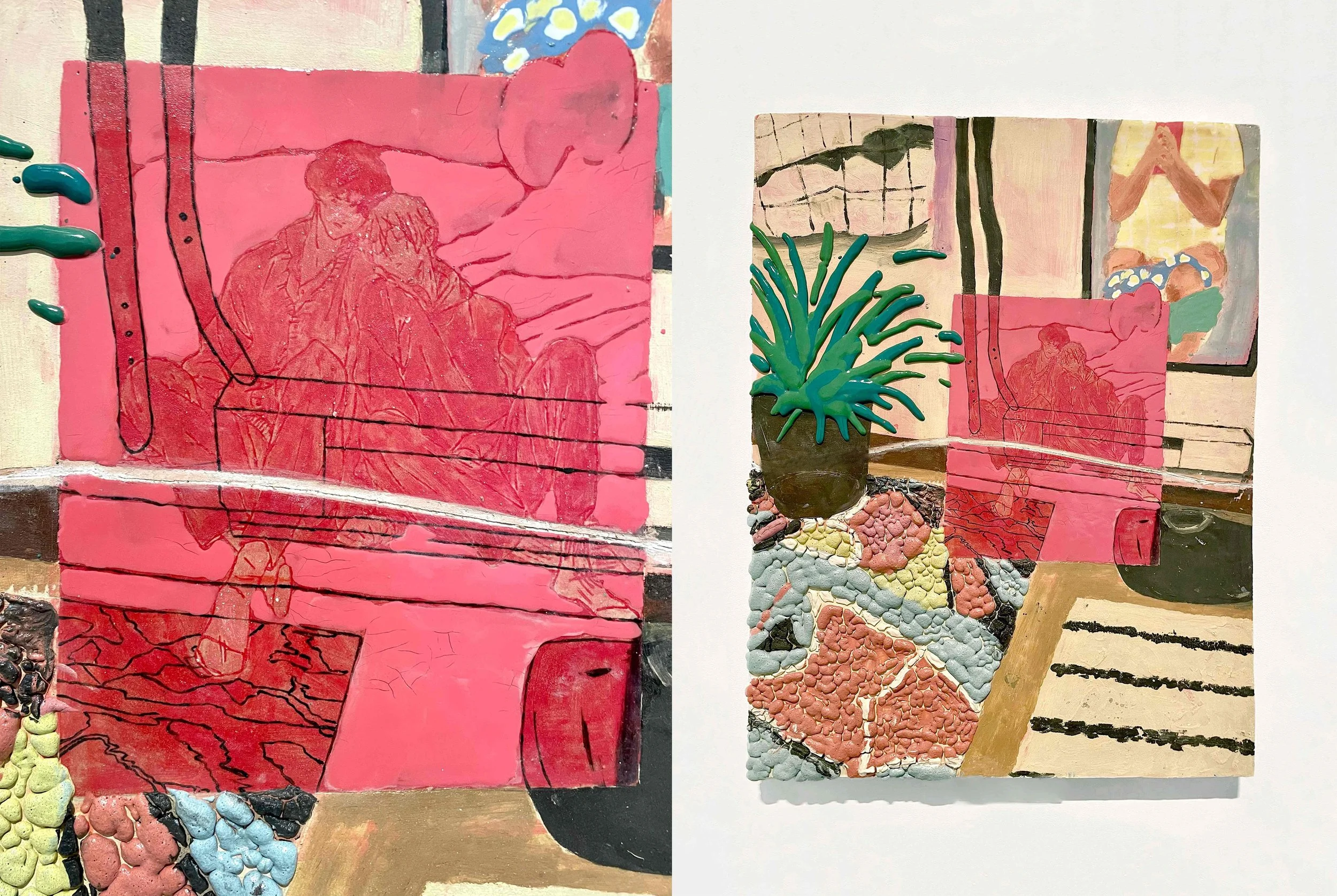 Mixed media collage featuring painted and textured elements. The left side shows a pink background with a red line drawing of a seated person surrounded by abstract shapes and lines. The right side includes painted landscapes with trees, rocks, plant