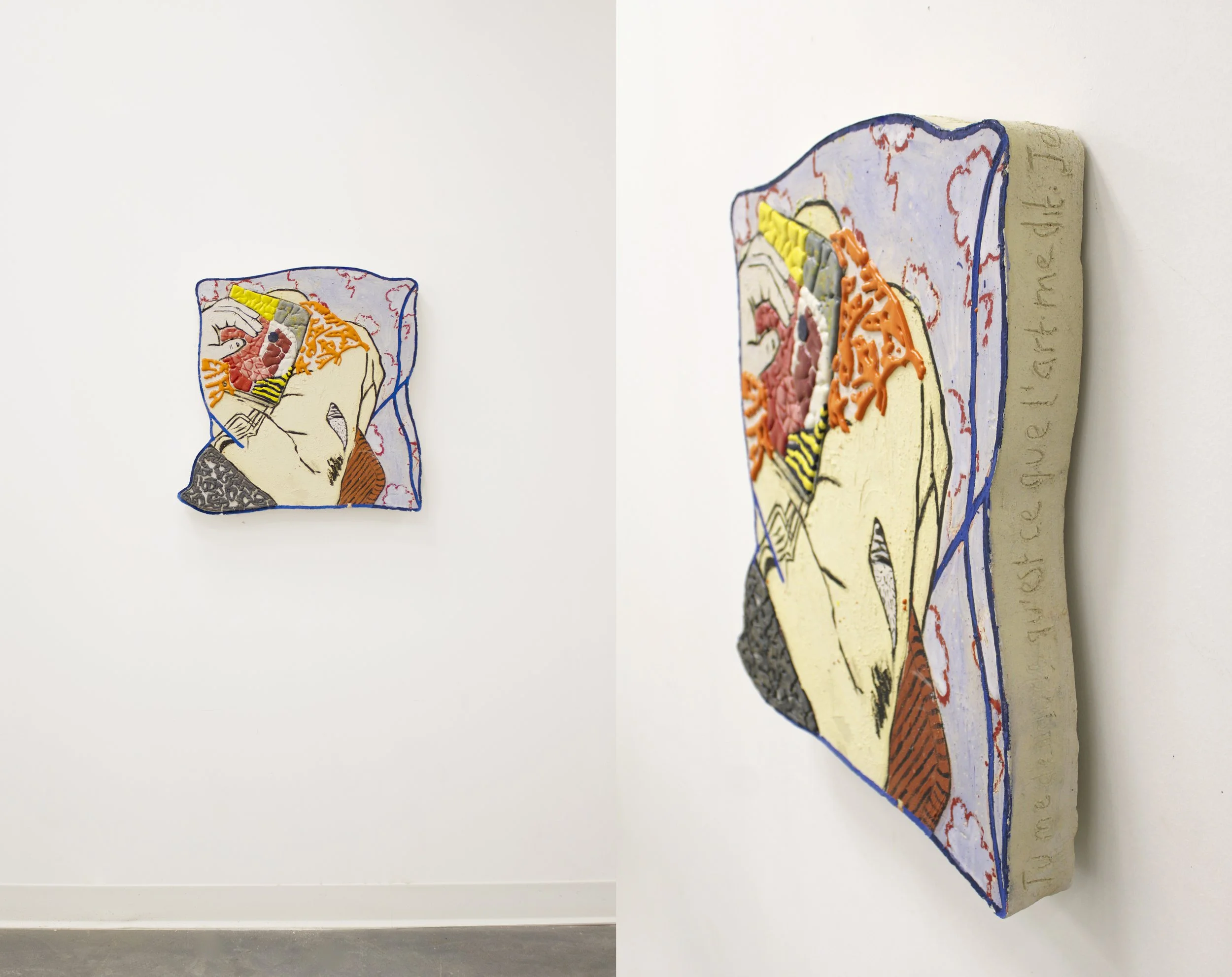 Colorful mixed media art pieces mounted on a white wall, featuring abstract shapes and linework, with textured elements and handwritten text on the sides.