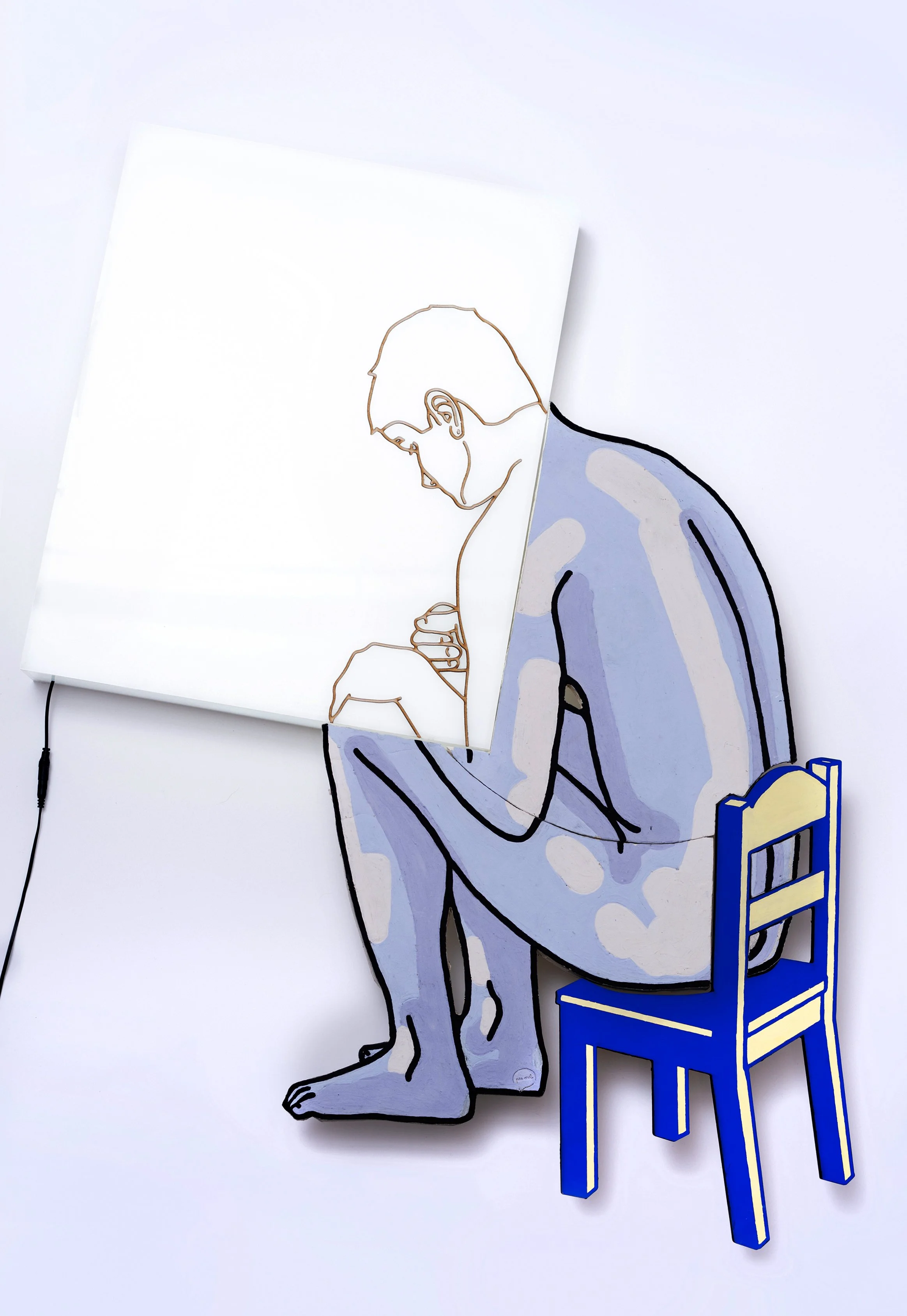A mixed media art piece featuring a painted figure of a person sitting on the floor with a chair beside them, overlaid with a minimalist line drawing of a person's face and head, created with a continuous line style.