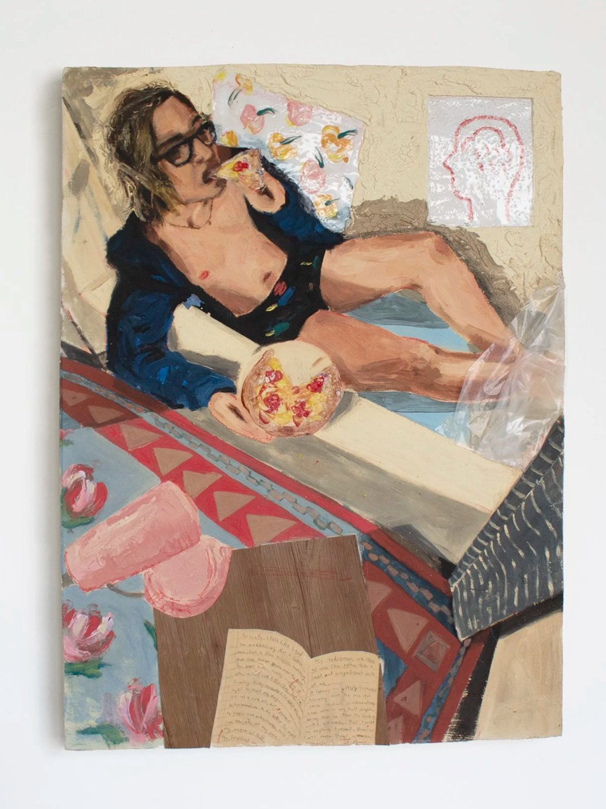 Painting of a woman with glasses lying on a bed, eating pizza, with a patterned pillow behind her and a drawing of a human head in profile on the wall.
