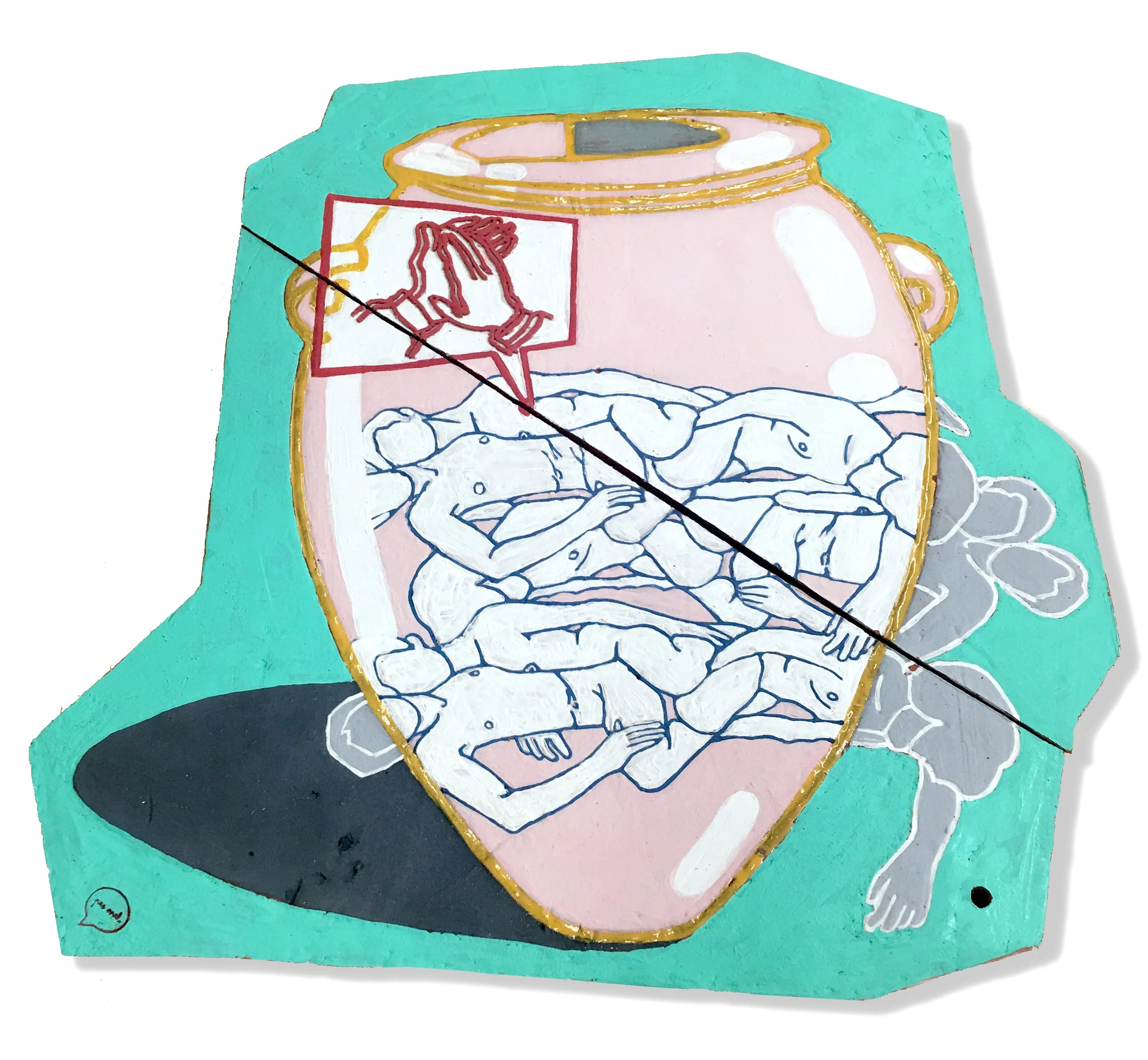 Colorful illustration of a jar with a torn paper label featuring a red line drawing of a unicorn, set against a teal background.
