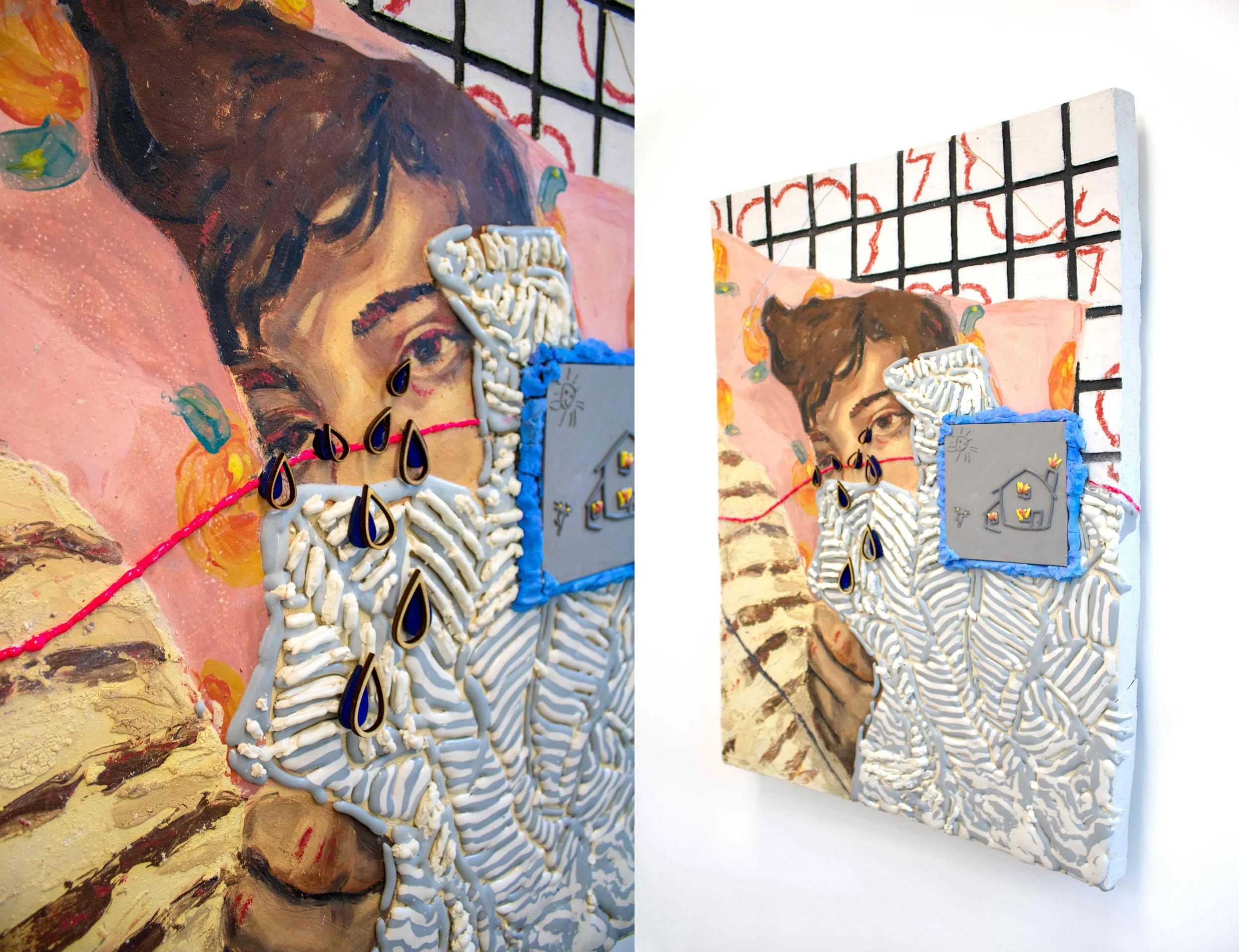Mixed media artwork of a woman with brown hair, decorated with 3D elements like teardrop-shaped accents, set against a colorful background with bold lines and patterns.