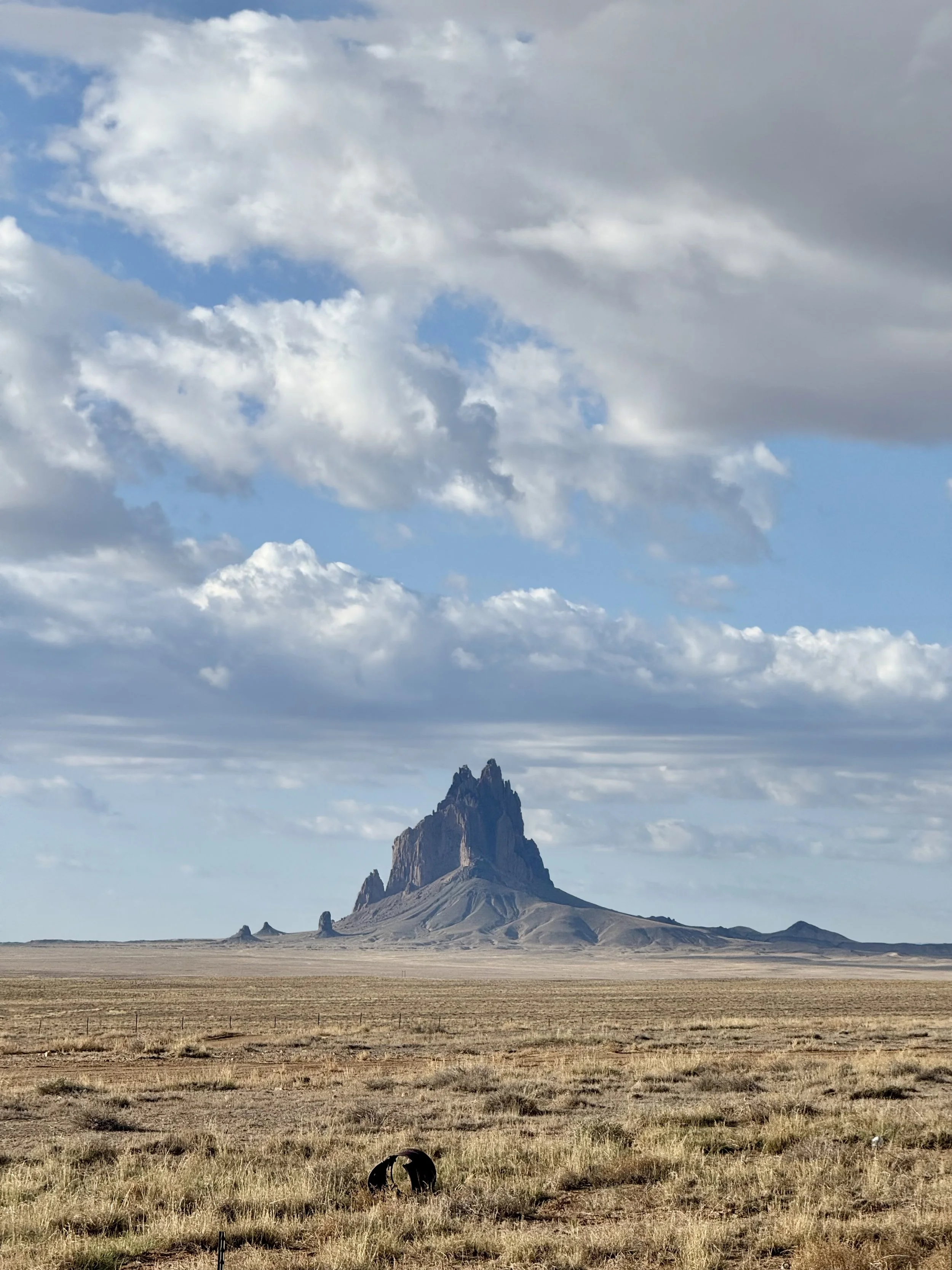 A mountain with a sharp peak rises above the flat plains under a cloudy sky with patches of blue.