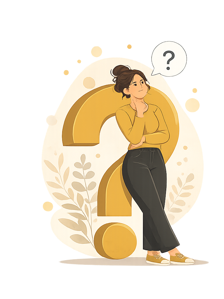 Illustration of a woman standing with her hand on her chin, looking thoughtful, next to a large gold question mark and a speech bubble with a question mark.