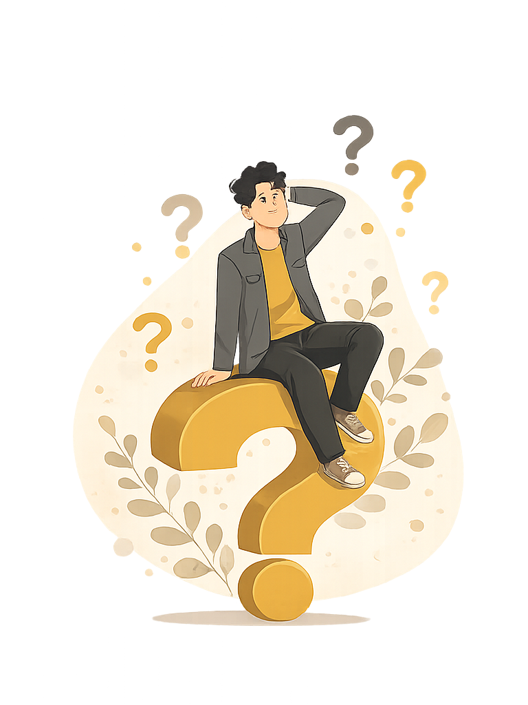 An illustrated young man with curly hair sitting on a large gold question mark, with smaller question marks and leaves in the background, appearing pensive or curious.