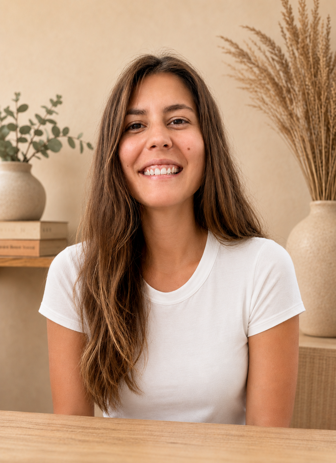 A young woman with long brown hair, wearing a white t-shirt, smiling at the camera, with beige vases and dried plants in the background.