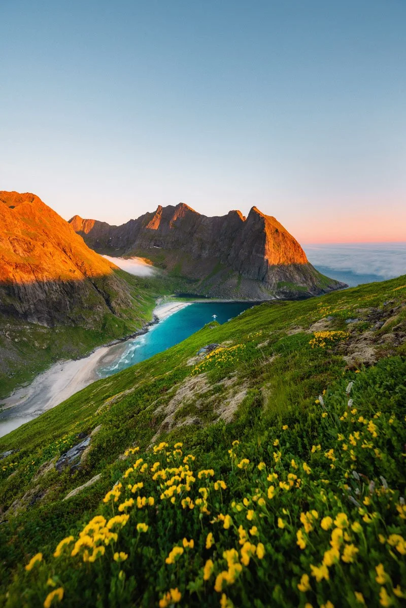 A scenic landscape of a mountain valley with a turquoise lake, green grassy slopes with yellow wildflowers.