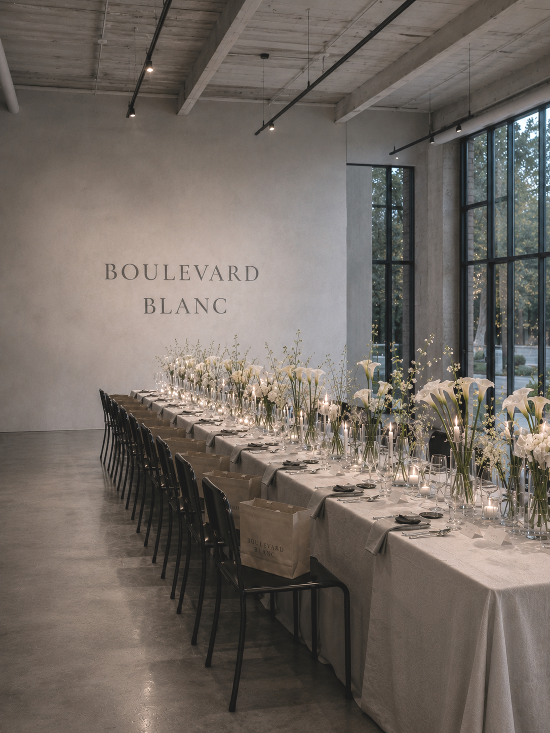 Elegant dining table set for a special event at Boulevard Blanc with white flowers, candles, and place settings, in a modern, industrial-style room with large windows and a wooden ceiling.