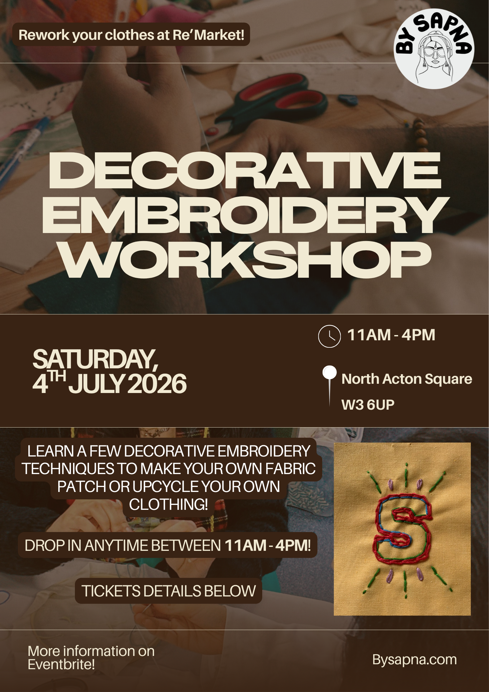 Decorative Embroidery Workshop at Re'Market - 4th July 2026