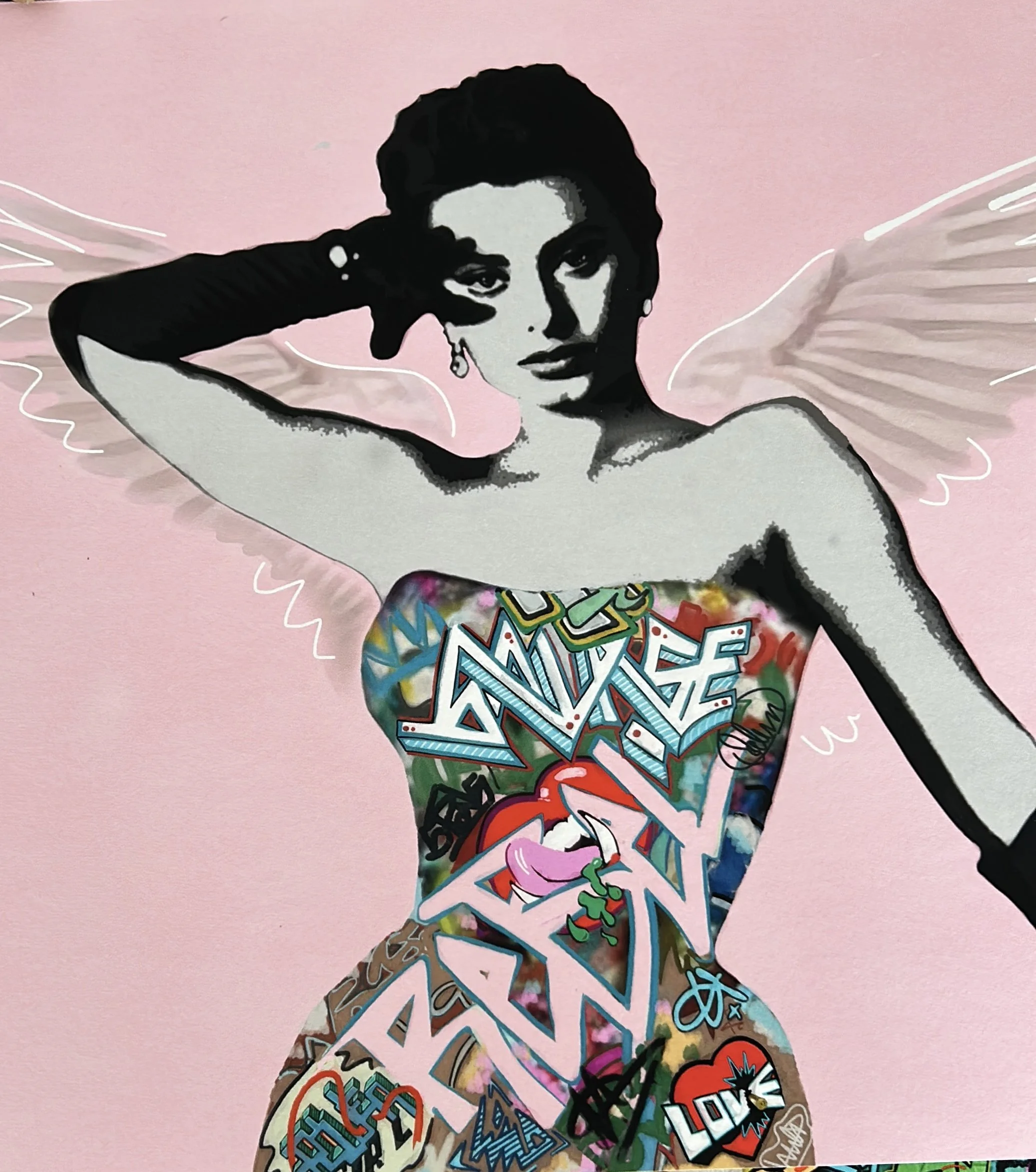A stylized illustration of a woman with dark hair and makeup, posing with her hand behind her head, set against a pink background with abstract white lines. The woman's body is covered in colorful graffiti-style words and symbols.