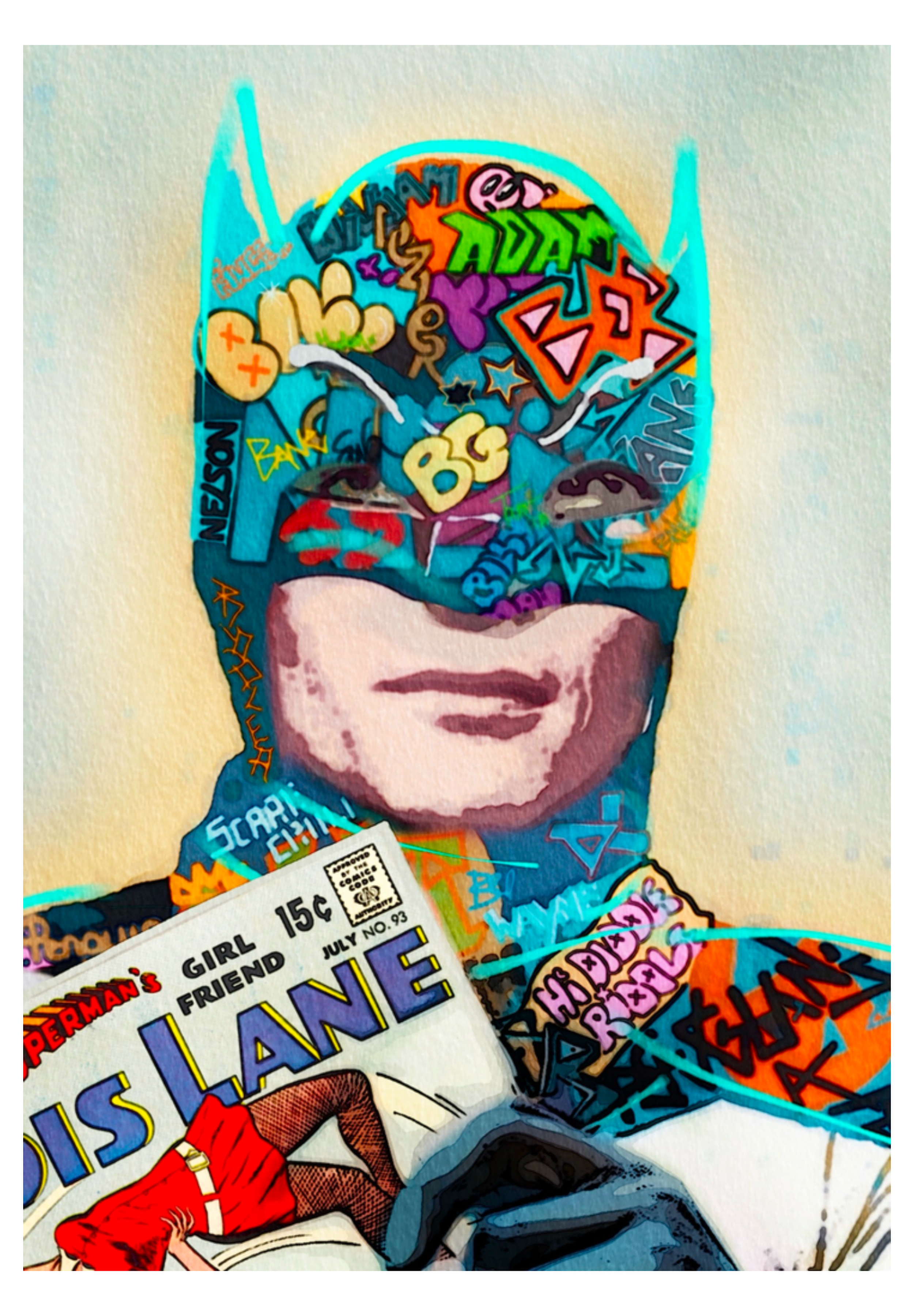 An illustration of a person with a colorful, graffiti-style collage of words, phrases, and comic-like graphics on their head, with a vintage comic book cover partially covering their chest, featuring a woman in a red dress.