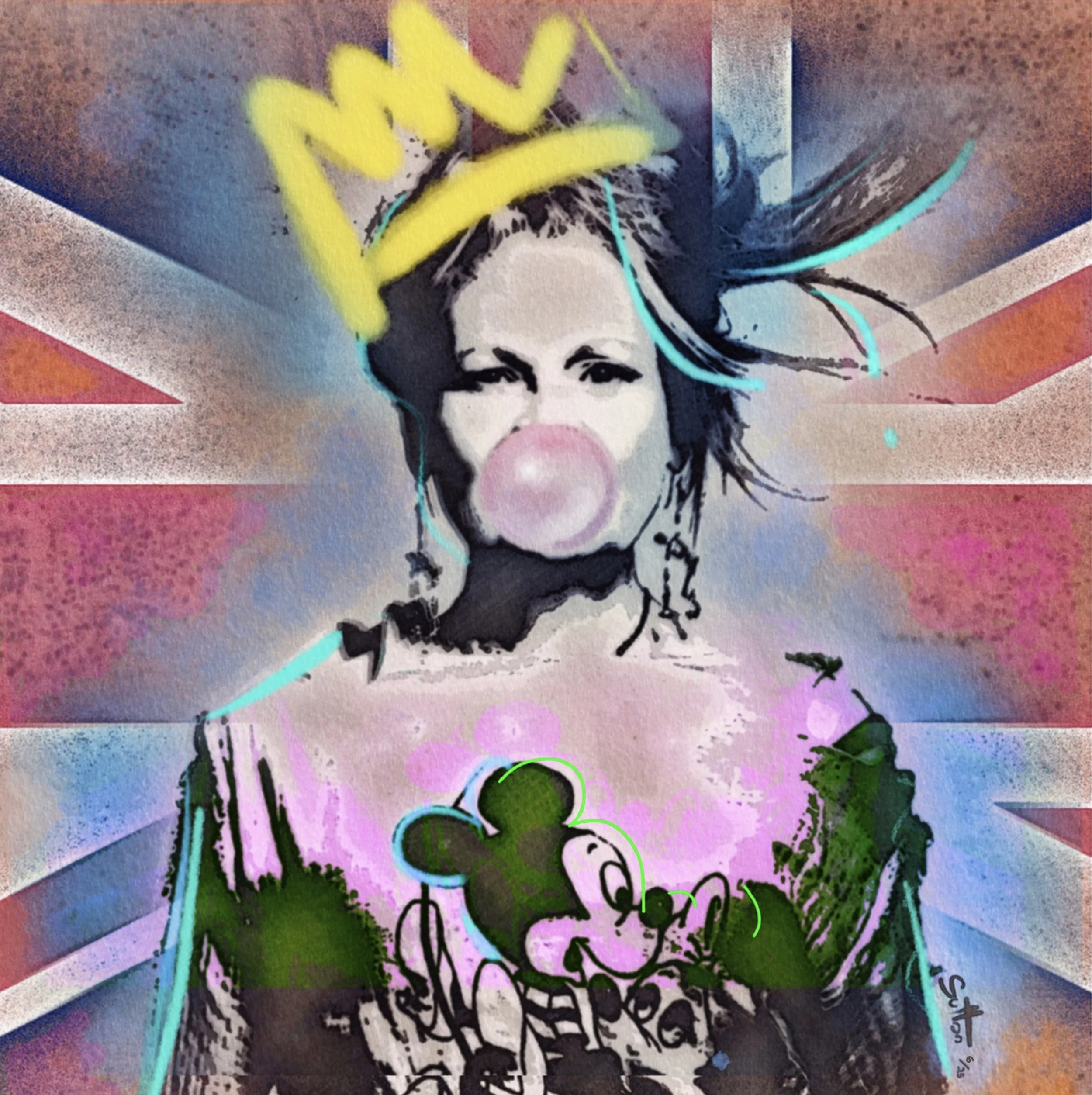 Street art graffiti of a woman with dark hair, blowing a bubble gum bubble, with the word 'WOW' in yellow spray paint above her head.