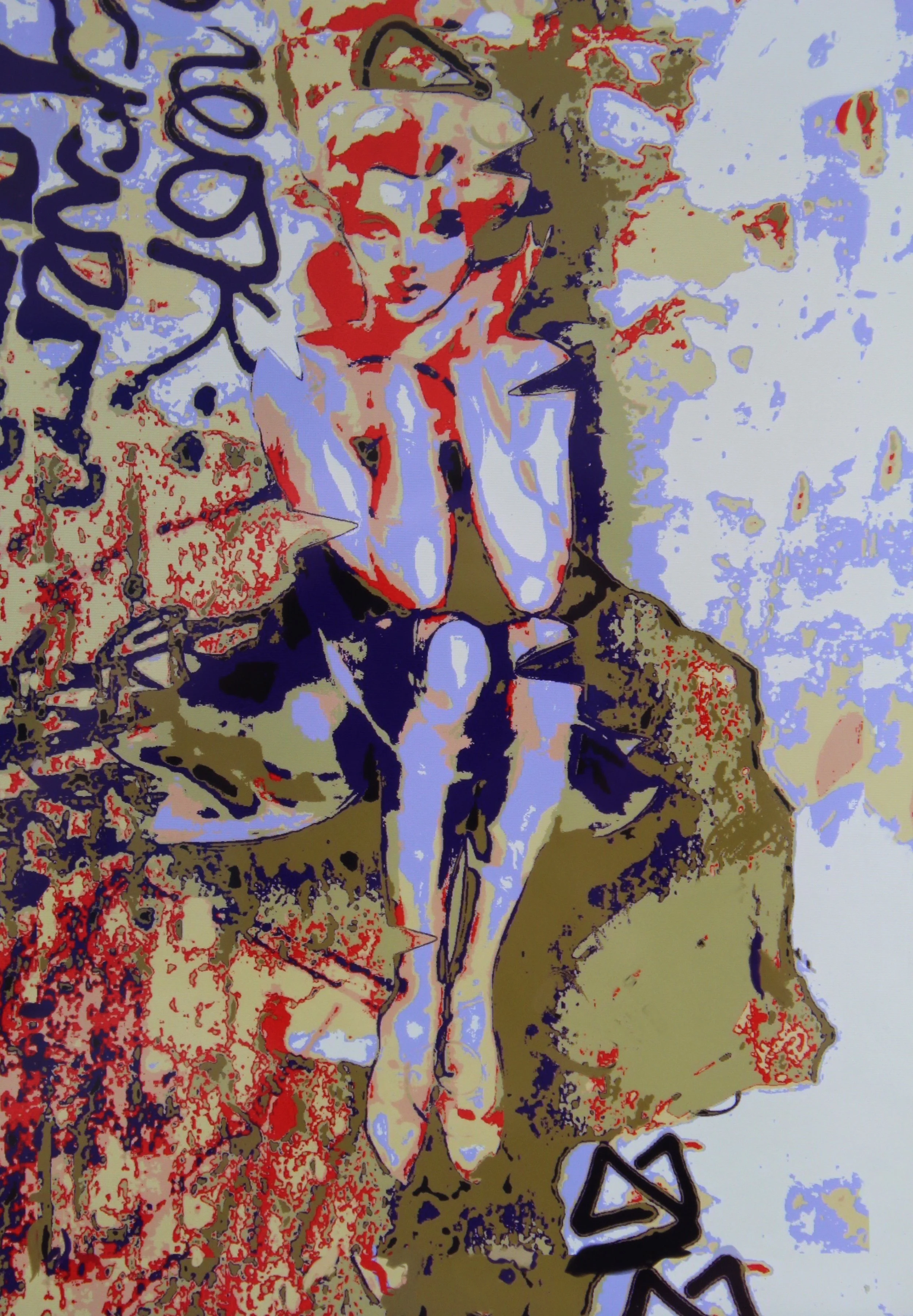 A stylized or abstract artwork depicting a woman with short hair, wearing a jacket, sitting on a stool, with her eyes closed and her chin resting on her hand. There are various abstract shapes and patterns, including some leaf-like shapes and bold black lines, with a predominantly beige, red, and blue color palette.
