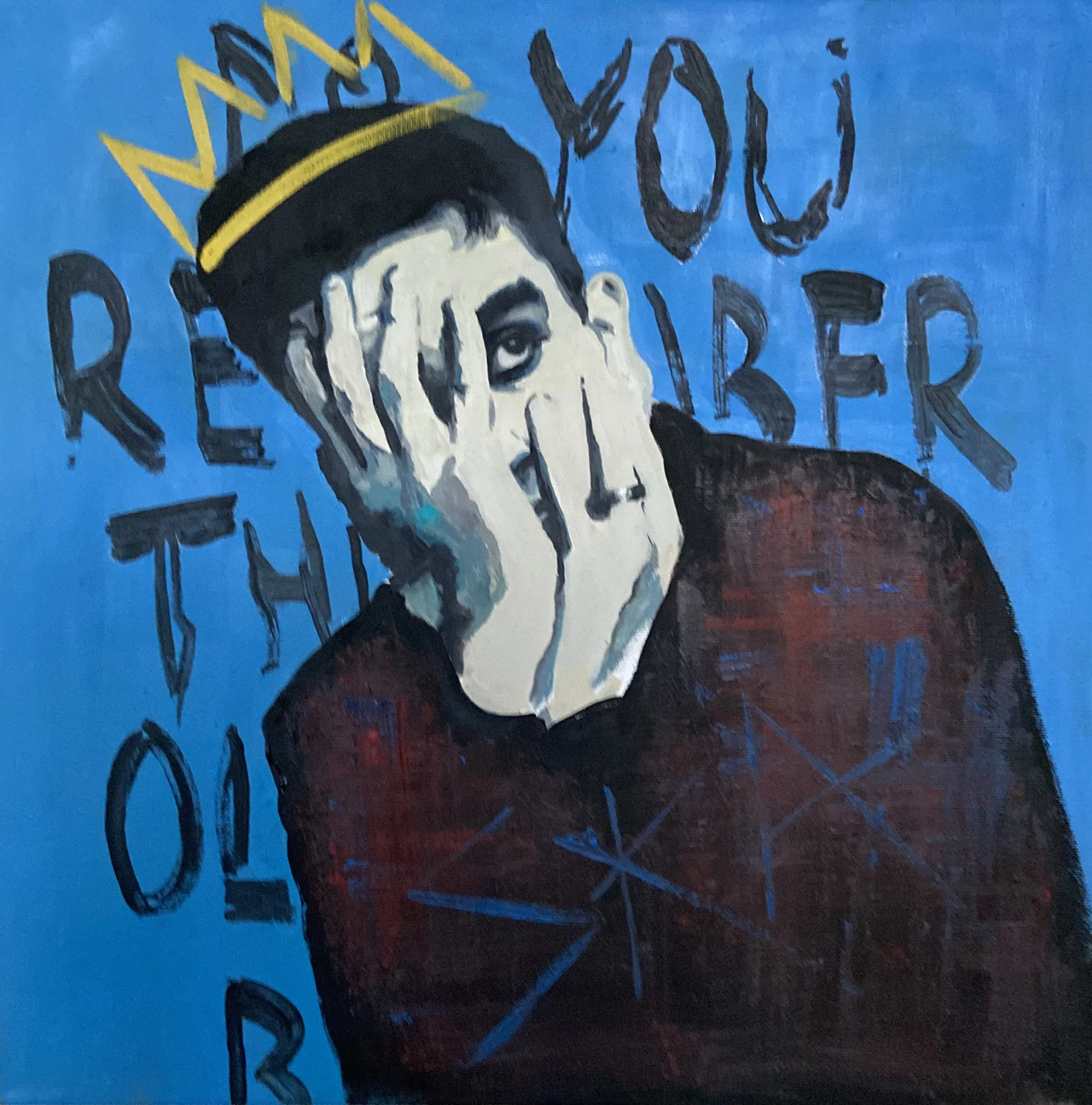 A colorful illustration featuring a stylized person with short dark hair and a yellow headband, with a yellow crown-like design above their head. The background is predominantly blue with some dark and red accents, and there are graffiti-style black words and shapes surrounding the figure.