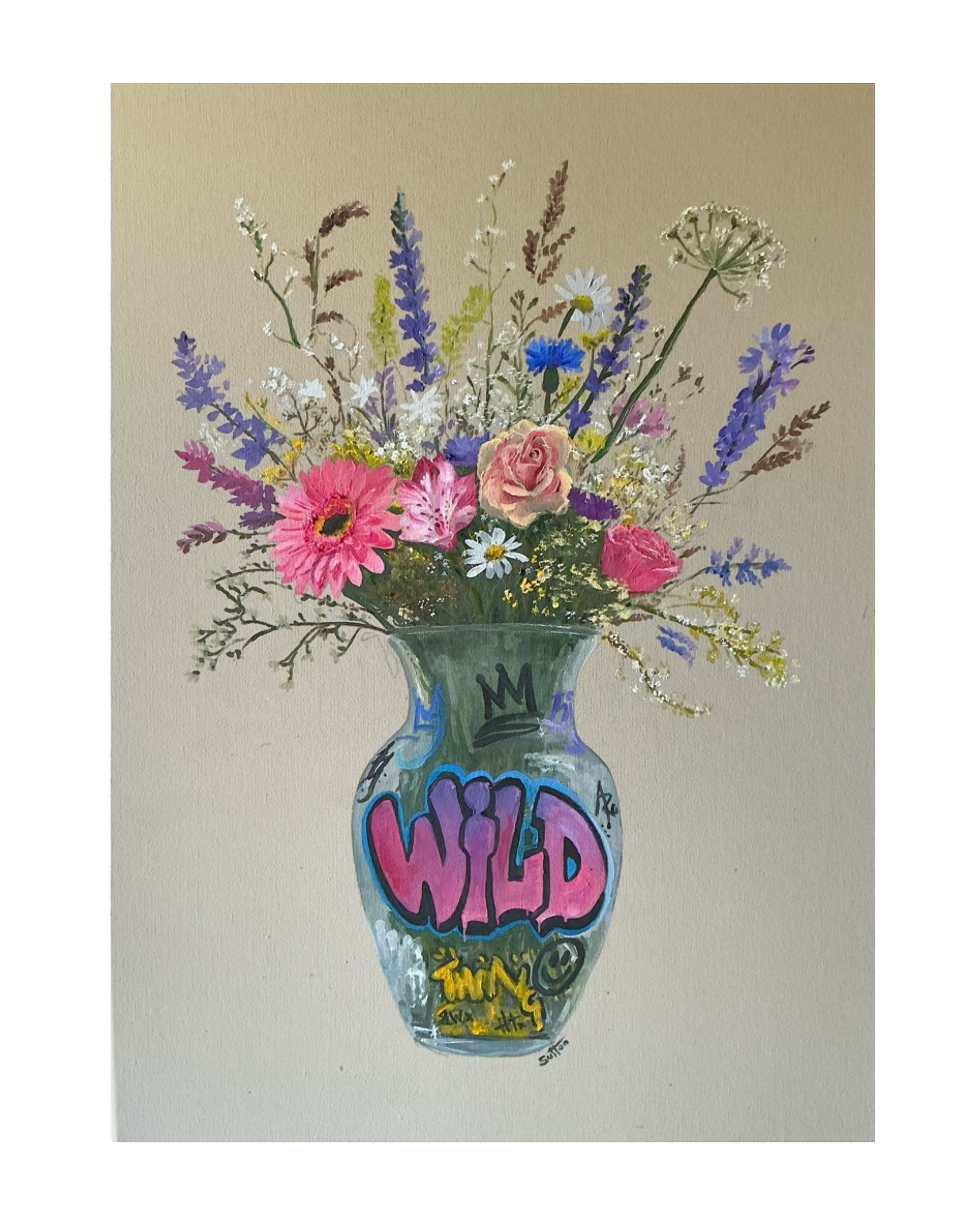 A painting of a bouquet of flowers in a colorful vase with graffiti-style words and symbols.