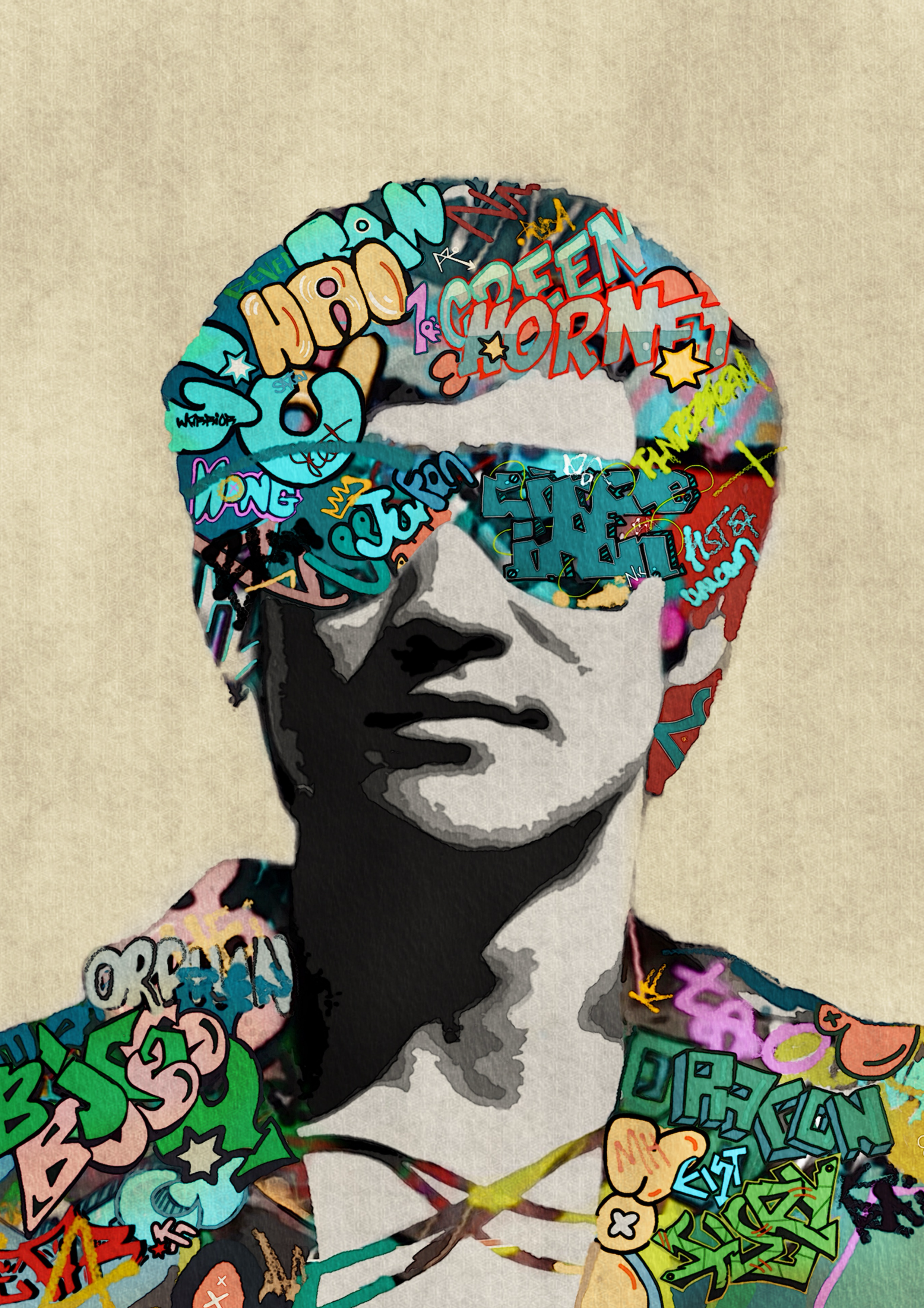 A black and white illustration of a person's face with a stylized, colorful graffiti-inspired overlay featuring various words and symbols.