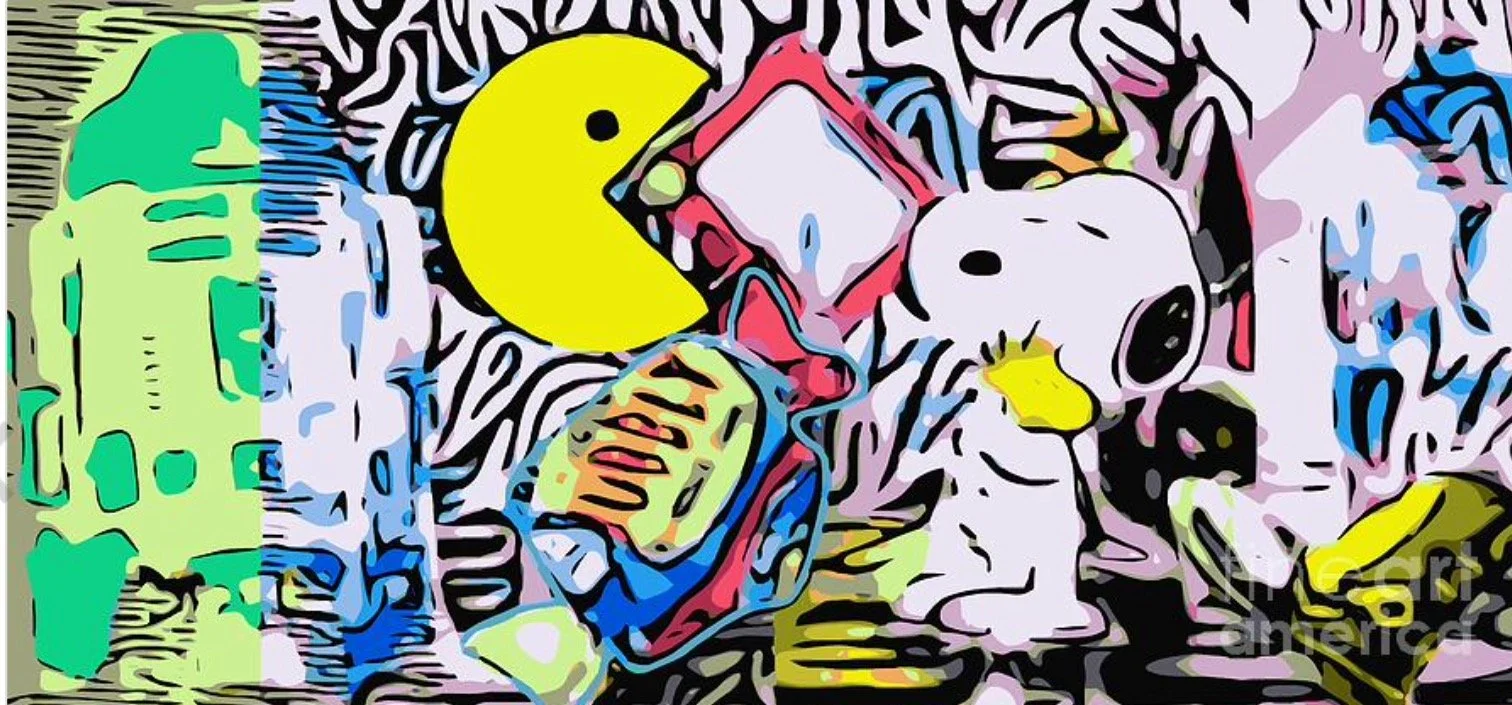 Colorful, cartoon-style image of Snoopy lying on his doghouse, surrounded by various toys including a yellow Pac-Man character, a doll, a green toy, and other items.