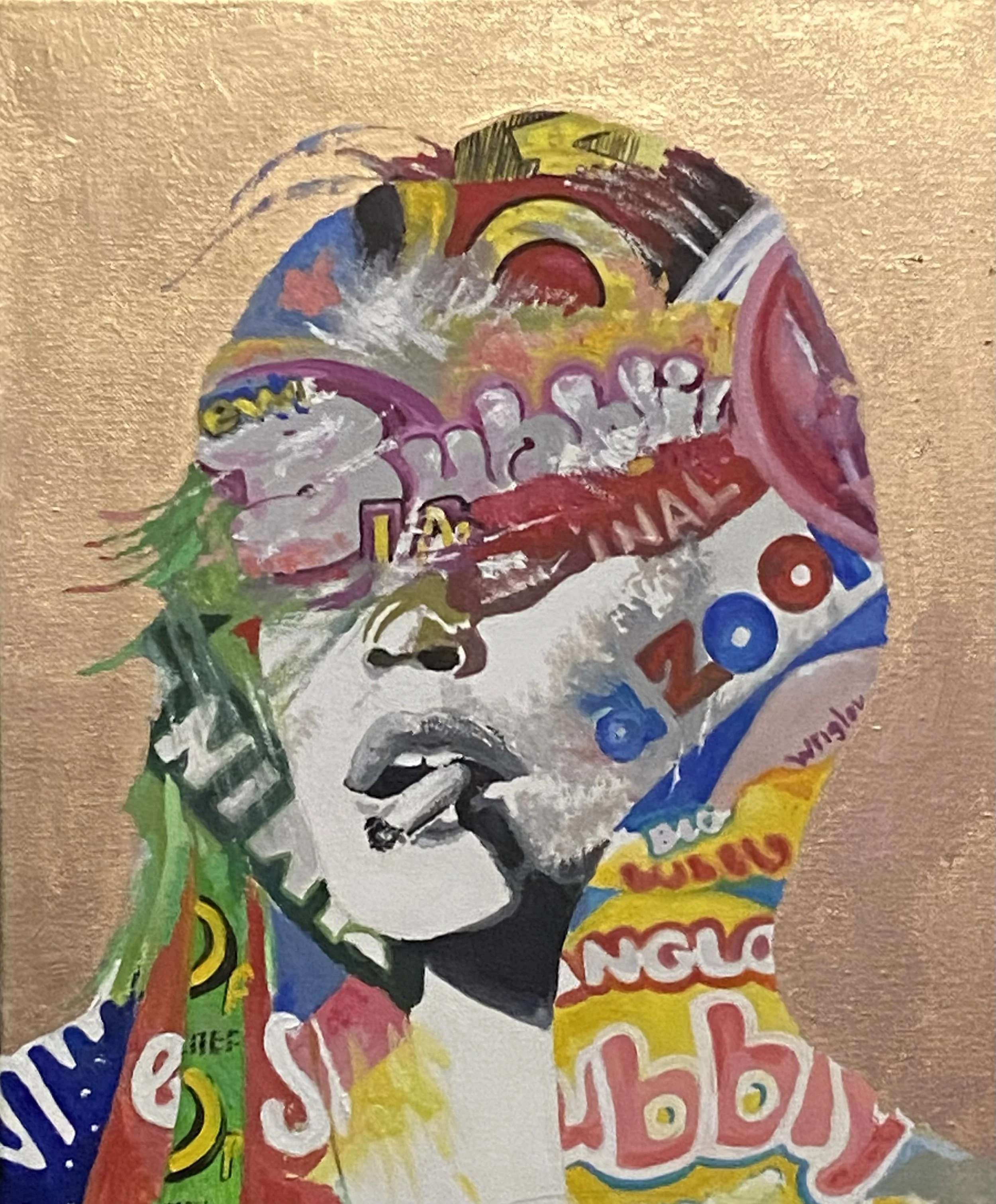 Colorful painting of a woman with a dog, filled with various words and phrases in different colors and fonts, including