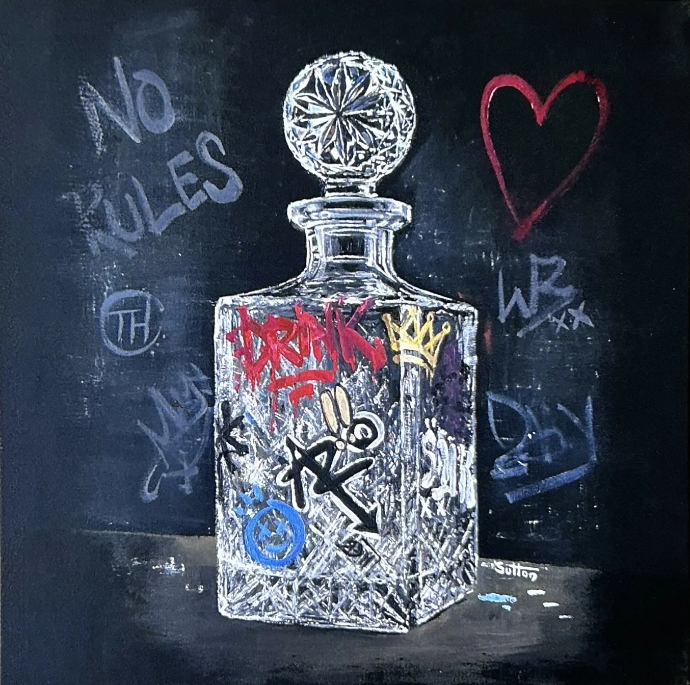 Chalkboard art of a crystal perfume bottle decorated with colorful graffiti-style tags and symbols, including a red and yellow crown and a black star, with additional graffiti and text around it, including 'NO RULES' on the left and a red heart on the right.