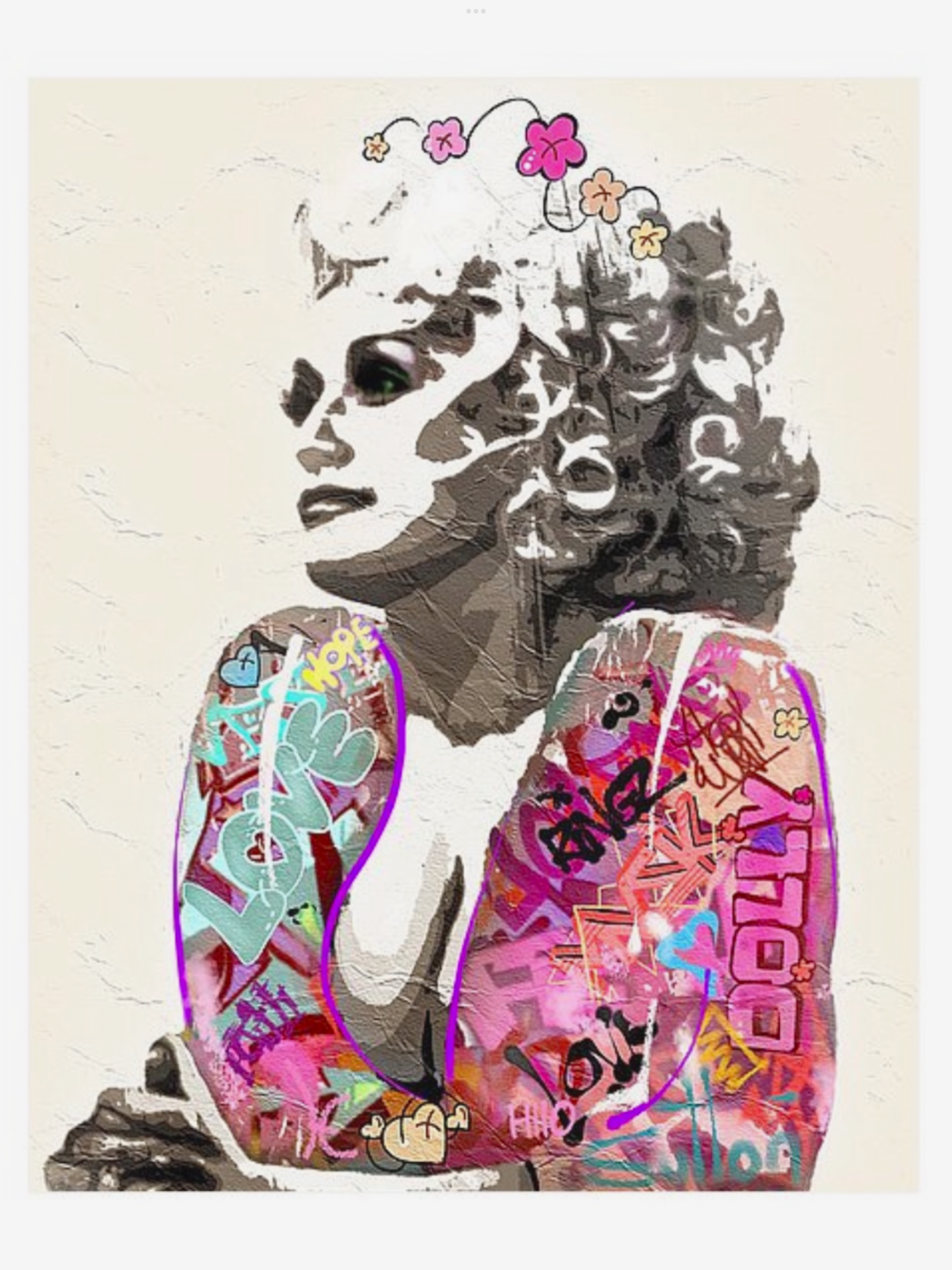 A black-and-white photo of a young woman with her head tilted down, surrounded by colorful doodles, graffiti-style text, and illustrations of flowers and stars. The background is plain and light-colored.