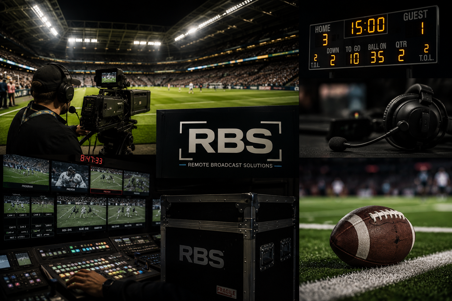 Sports broadcasting setup at a football game featuring cameras, monitor screens with game footage, a scoreboard displaying 15:00, paddings, and a football near the field.