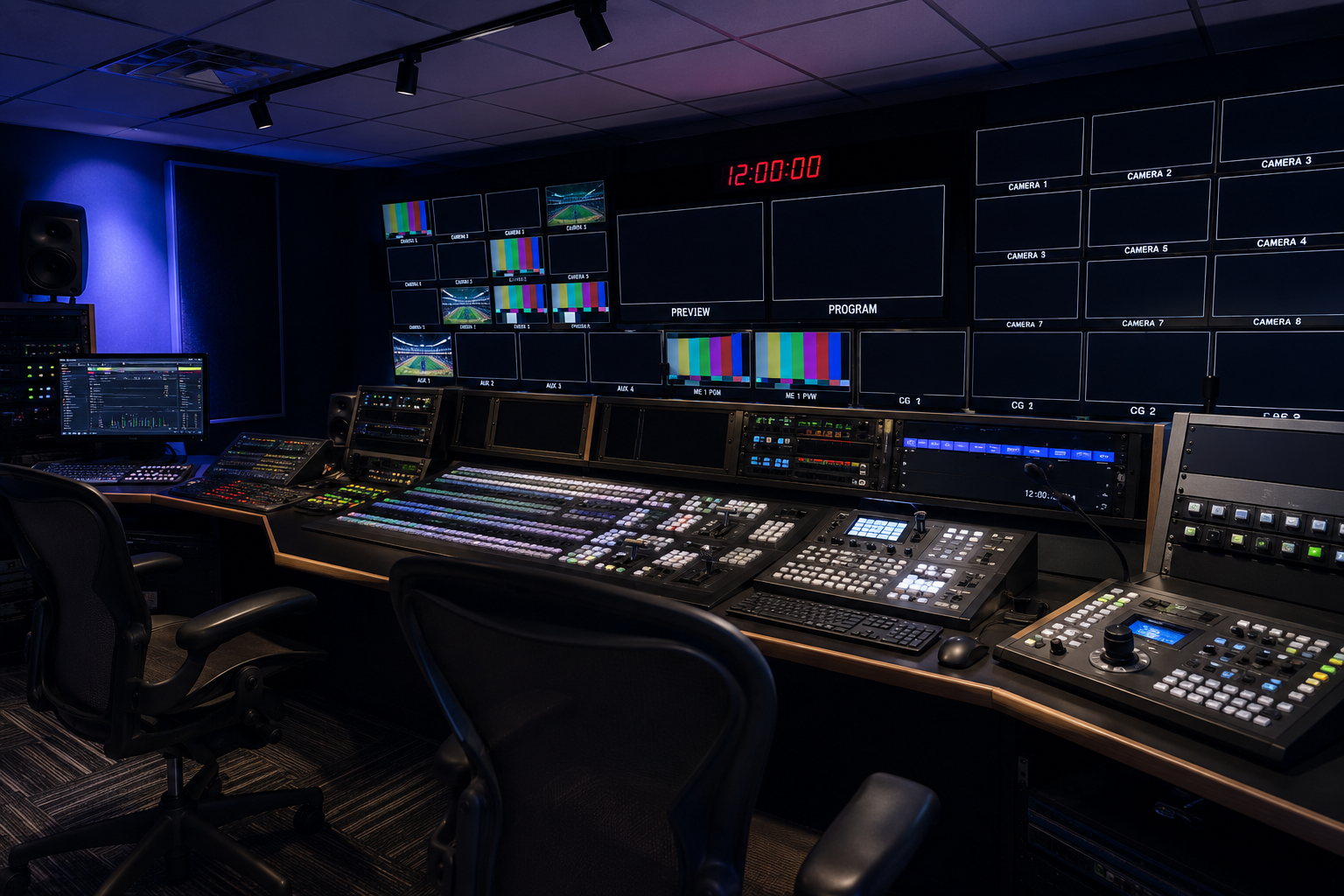 Broadcast control room with multiple monitors, audio mixing consoles, and chairs.