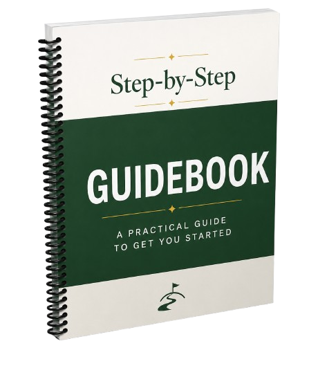 A spiral-bound guidebook titled 'Step-by-Step Guidebook: A Practical Guide to Get You Started' with a white and green cover.