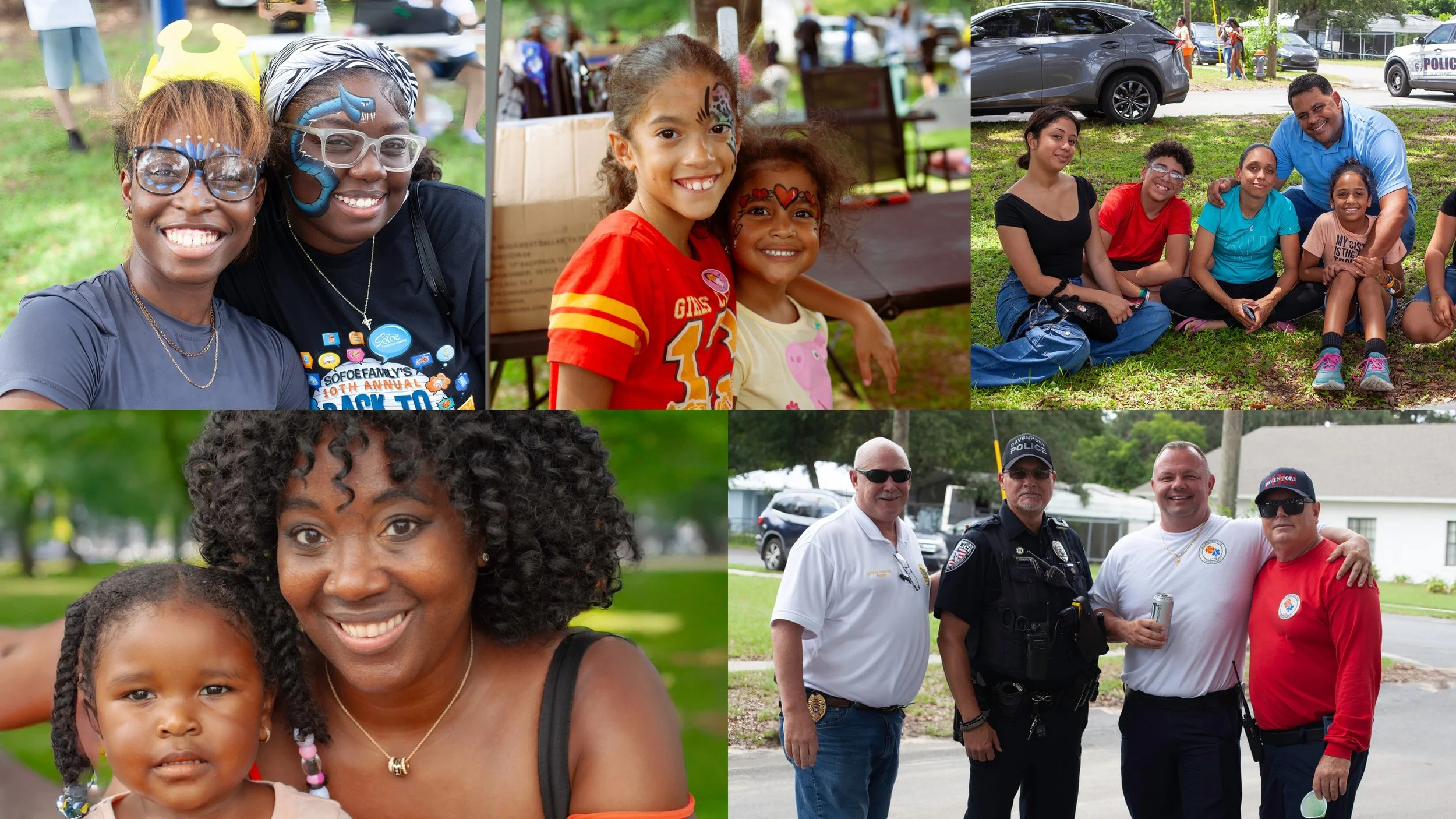 A collage of outdoor community event photos featuring smiling children, adults, and police officers in park setting.