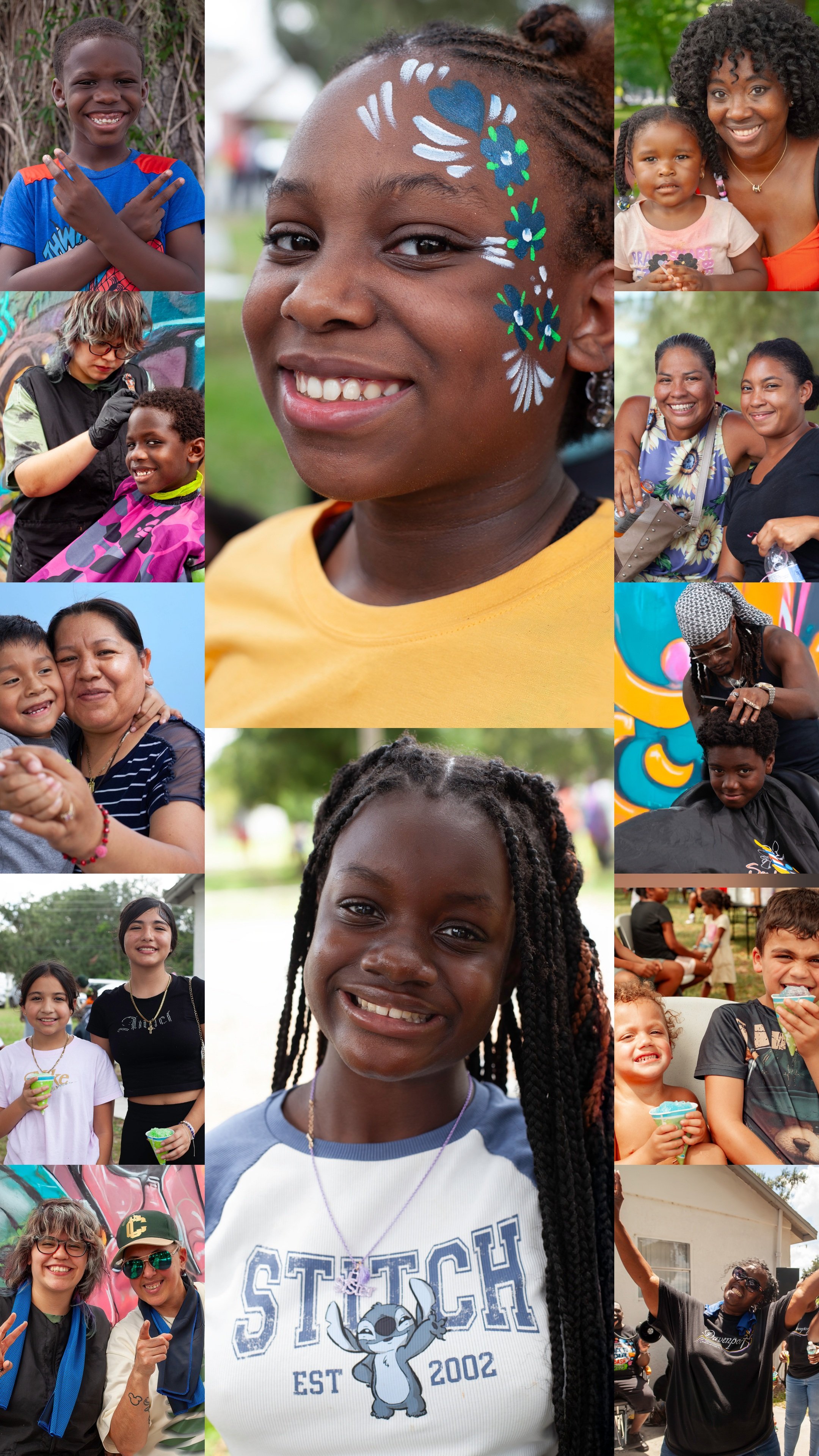 A collage of diverse smiling children and women at an outdoor event, some with face paint, and some holding treats or drinks, enjoying a sunny day.