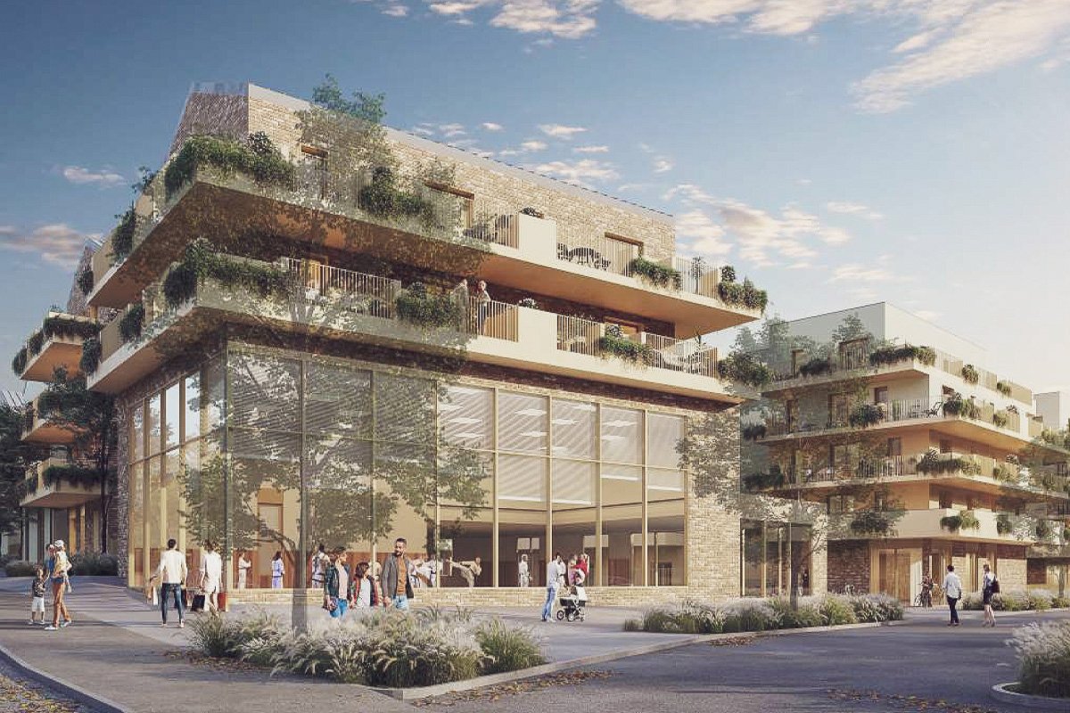 Projet de logements collectifs conçu par Izea Studio en Auvergne-Rhône-Alpes, architecture résidentielle contemporaine intégrant commerces et espaces de vie.