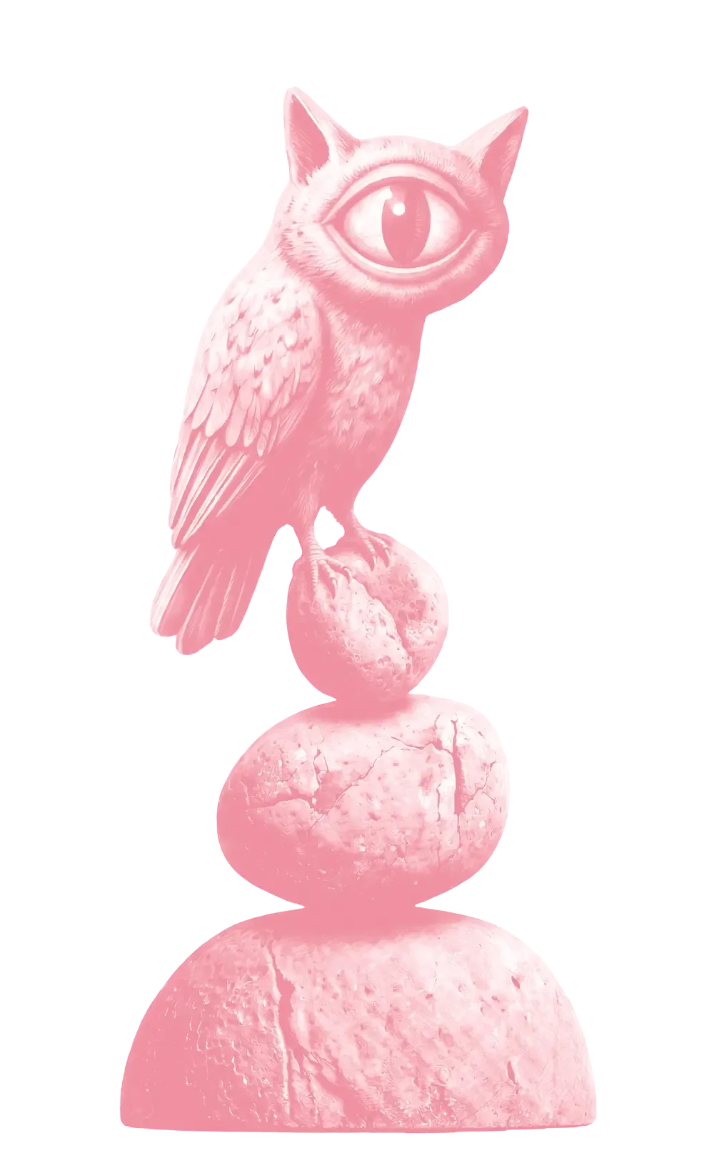A pink sculpture of a bird with a large eye on its forehead, perched on three pink rocks of varying sizes.