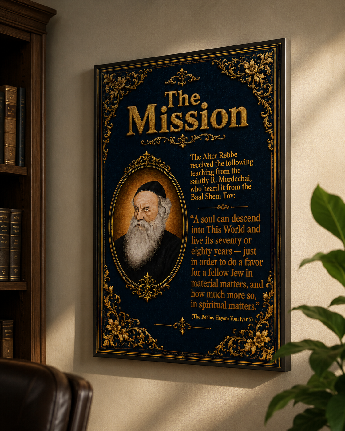 A framed religious poster titled 'The Mission' with a portrait of an elderly man with a long white beard, glasses, and a black hat, on a dark blue background with ornate gold details and text about a spiritual teaching.