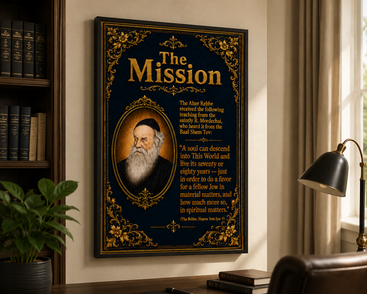 A decorative framed poster titled "The Mission" hangs on a beige wall in a room with a bookshelf on the left and a window with curtains on the right. The poster features a portrait of a bearded man with a black cap, and a quote about the soul and spiritual matters.