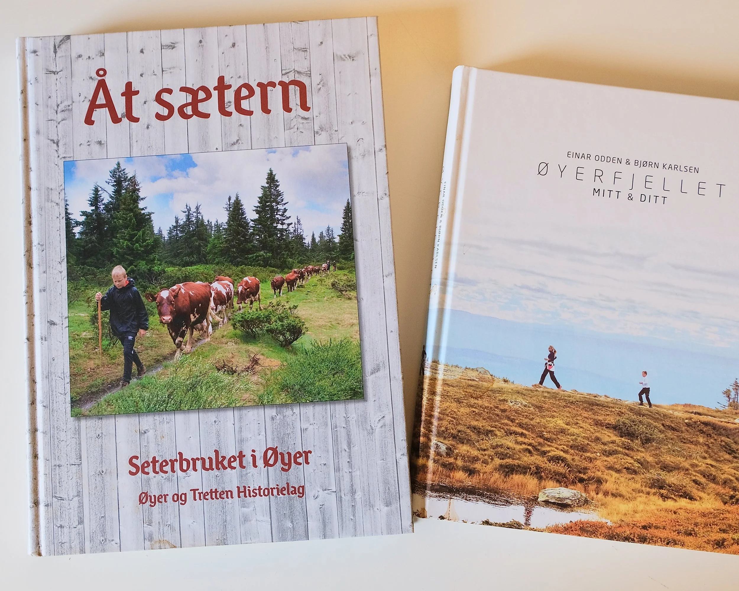 Bilde av to bøker, den ene med tittel 'Åtteren, Seterbruket i Øyer' og en annen med titler 'Øyerfjellet mitt & ditt', plassert på et bord. Den første boken har et bilde av en ung gutt som går med en bøtte, omgitt av kuer og et skogsområde.