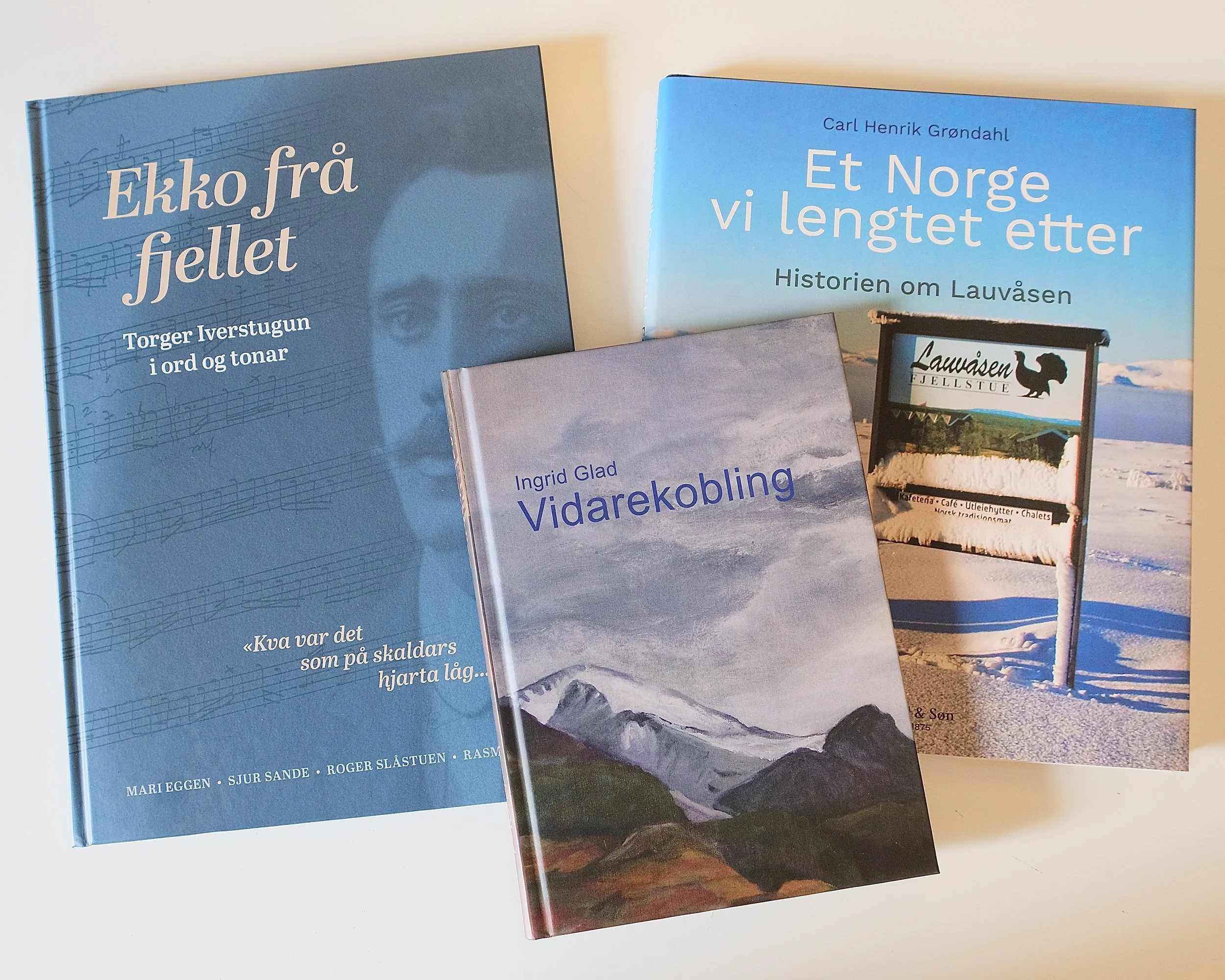 Bøker om fjell, Norges historie, viderekobling av relatert innhold, og et skilt som viser Lauvåsen.