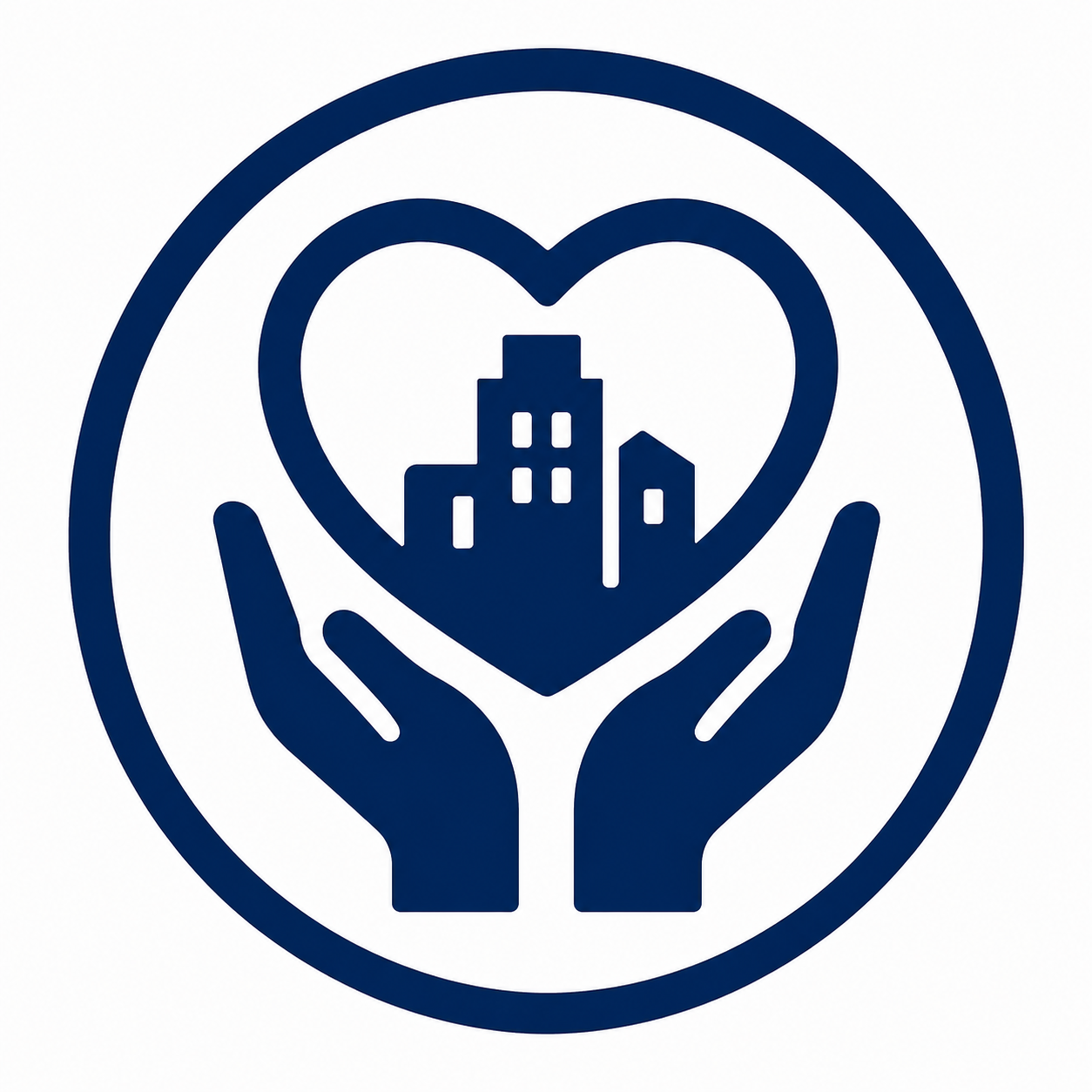 A logo with two hands holding a heart, inside the heart are buildings representing a city, symbolizing community care and support.