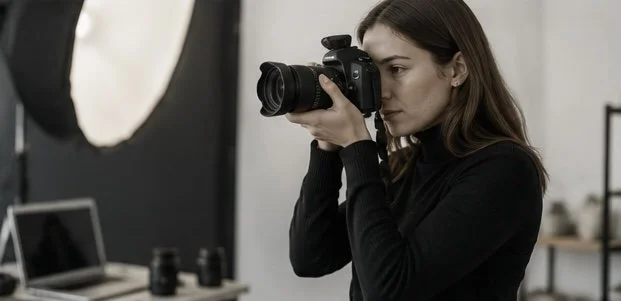 A woman taking a photo with a DSLR camera indoors.