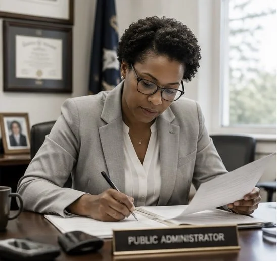 A woman with glasses in a gray blazer working at her desk, reviewing documents in an office setting with framed certificates and a window in the background.