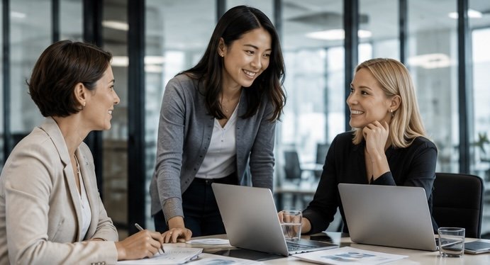 Three women are in a business meeting, smiling and talking. They have laptops and documents on the table in a modern office.