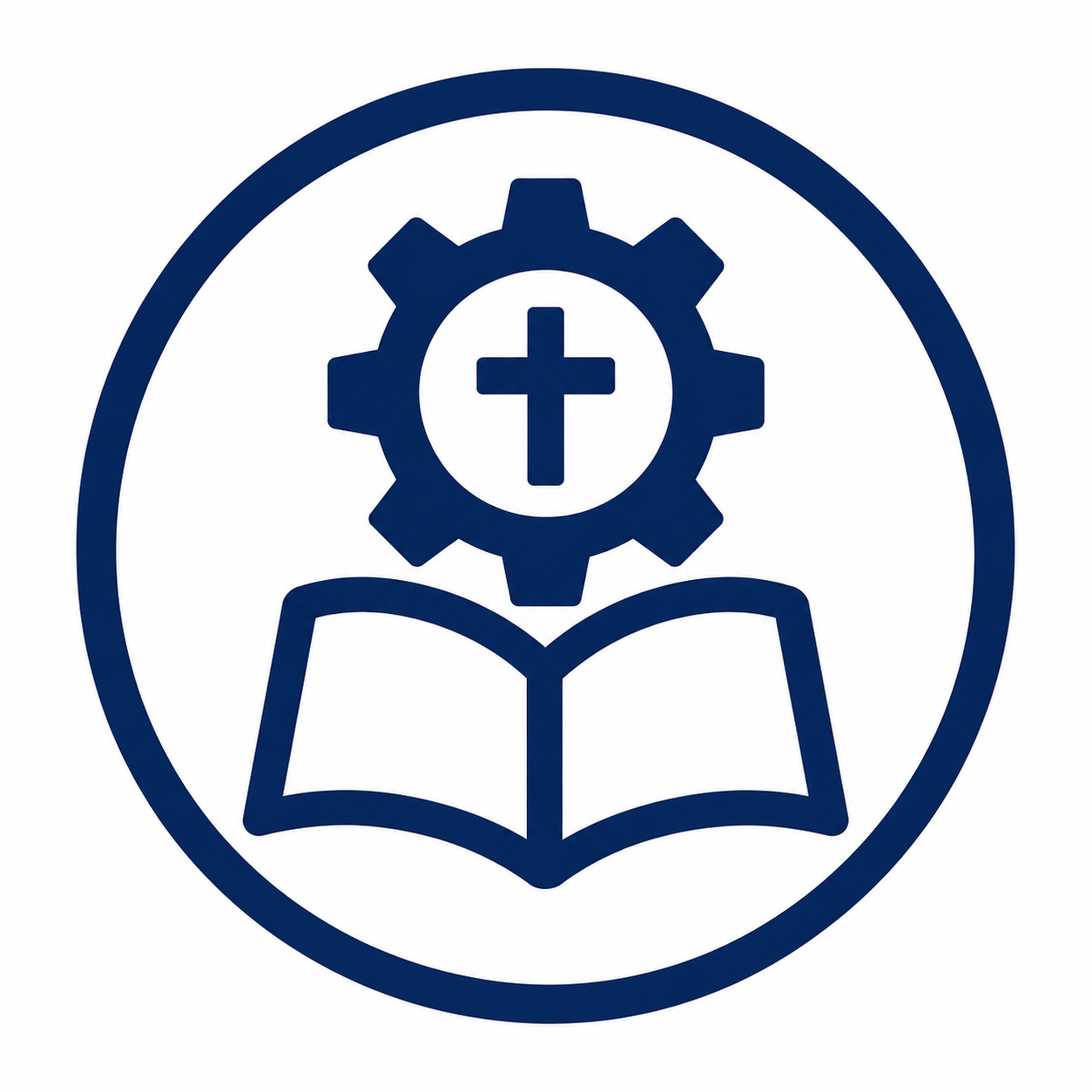 Icon representing religious education or faith-based learning, featuring an open book with a cross inside a gear, all enclosed in a circle.