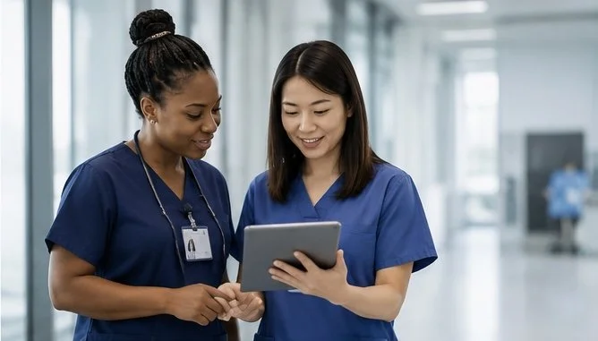 Two female healthcare professionals in scrubs looking at a tablet in a hospital corridor.