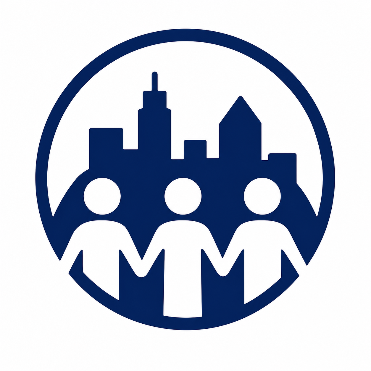 Silhouette of three people holding hands in front of a city skyline inside a circular outline.