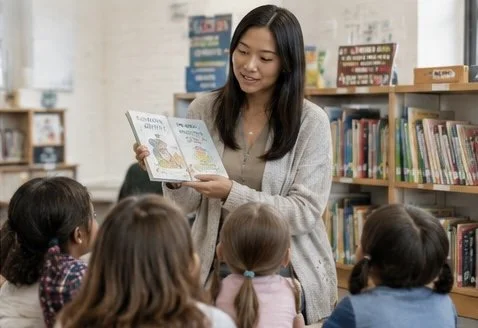A woman reading a book to a group of young children in a library